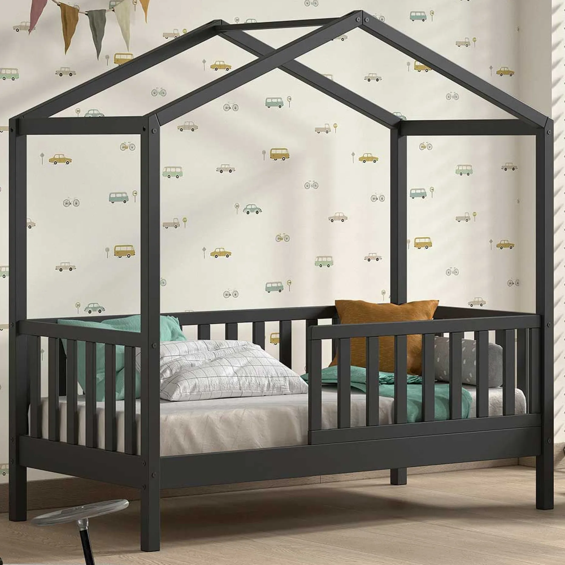 Kinderbett Dallas - 70x140 cm - Schwarz/Massivkiefer