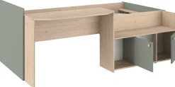 Kinderbett Jada - 90x200cm - mit Schreibtisch und Stauraum - Eichendekor/grün