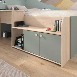 Kinderbett Jada - 90x200cm - mit Schreibtisch und Stauraum - Eichendekor/grün