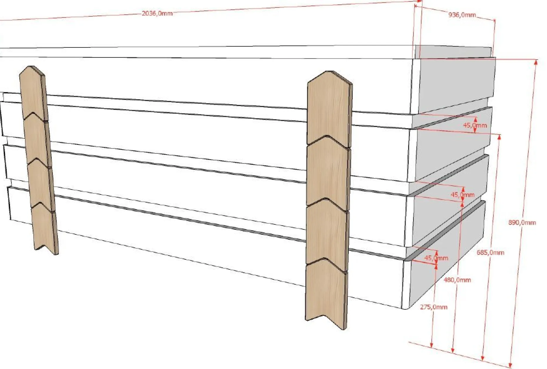 Kinderbett Modulo arrow 90x200 stapelbar 4er-Set - anthrazit/Kieferholz