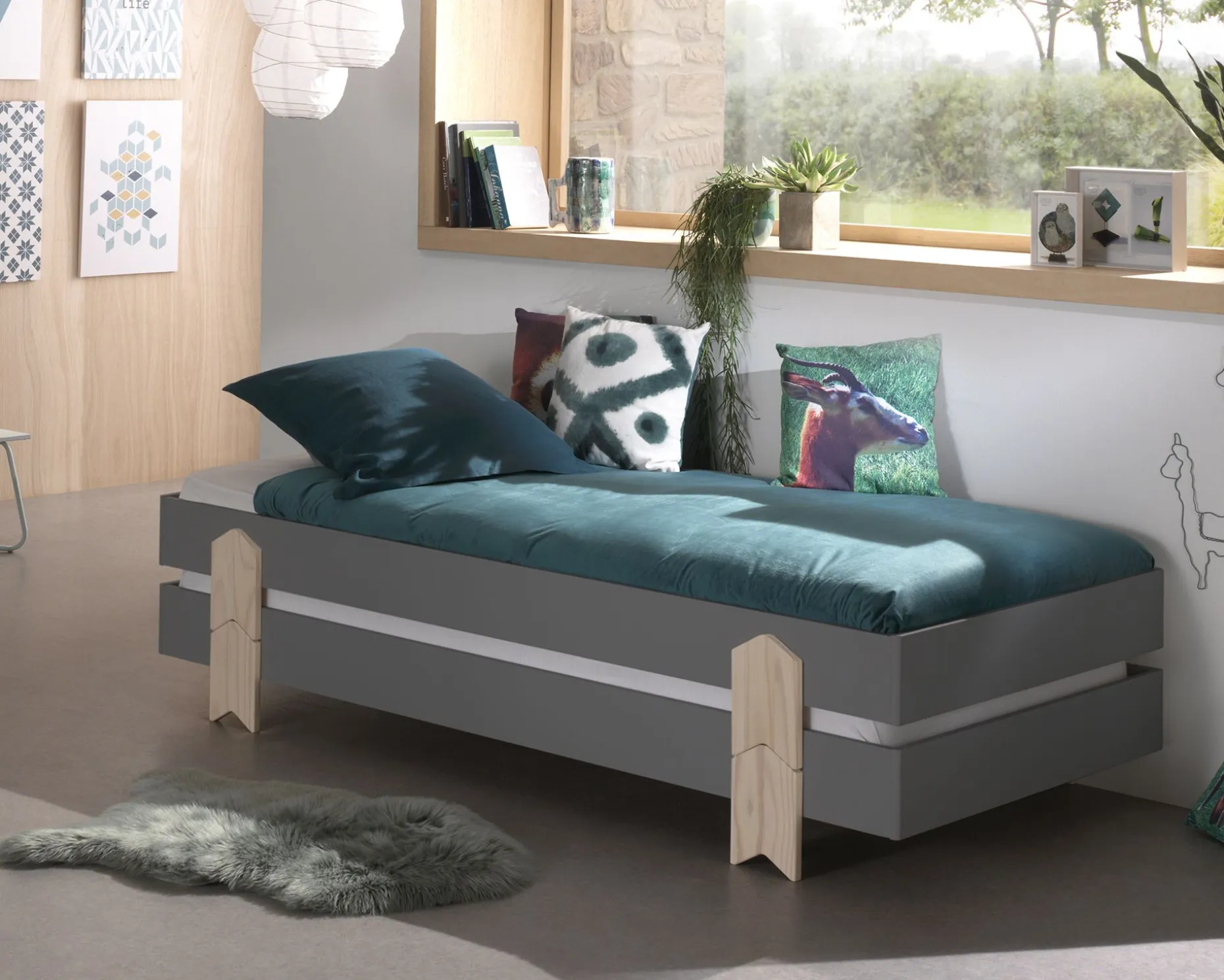 Kinderbett Modulo arrow 90x200 stapelbar 3er-Set - anthrazit/Kieferholz
