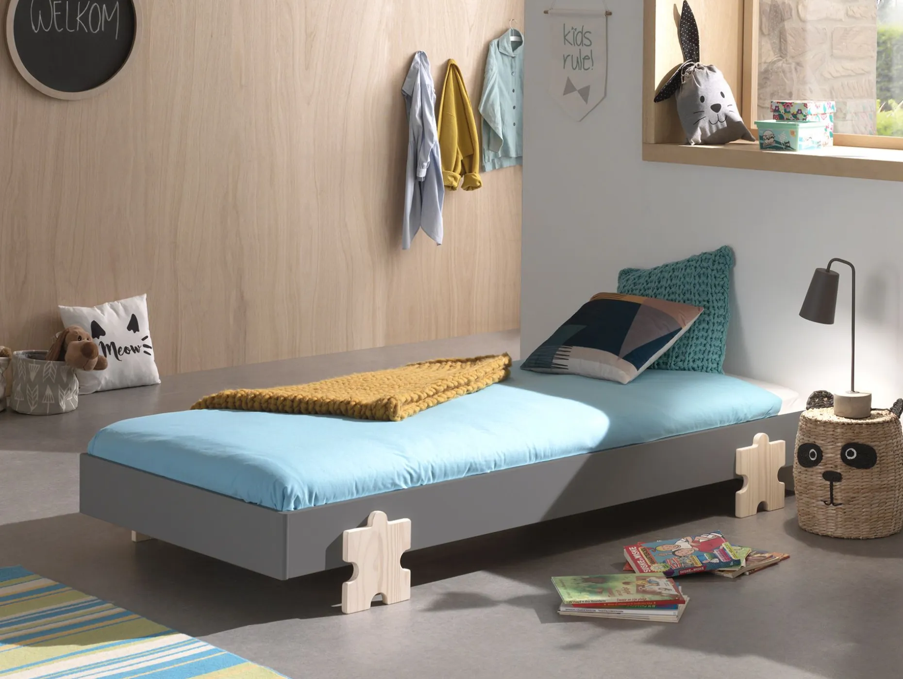 Kinderbett Modulo Puzzle 90x200 stapelbar - anthrazit/Kieferholz