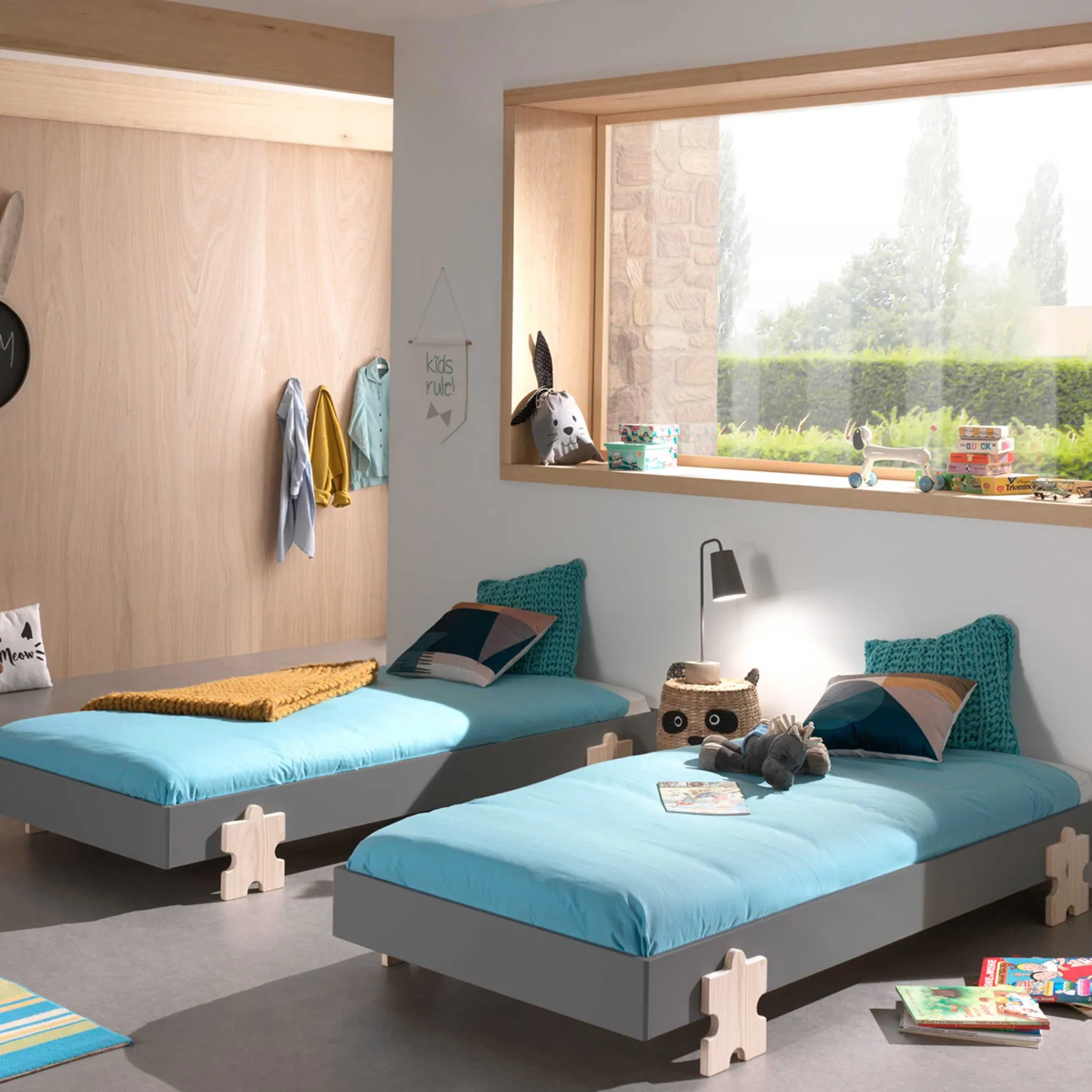 Kinderbett Modulo Puzzle 90x200 stapelbar 2er-Set - anthrazit/Kiefer