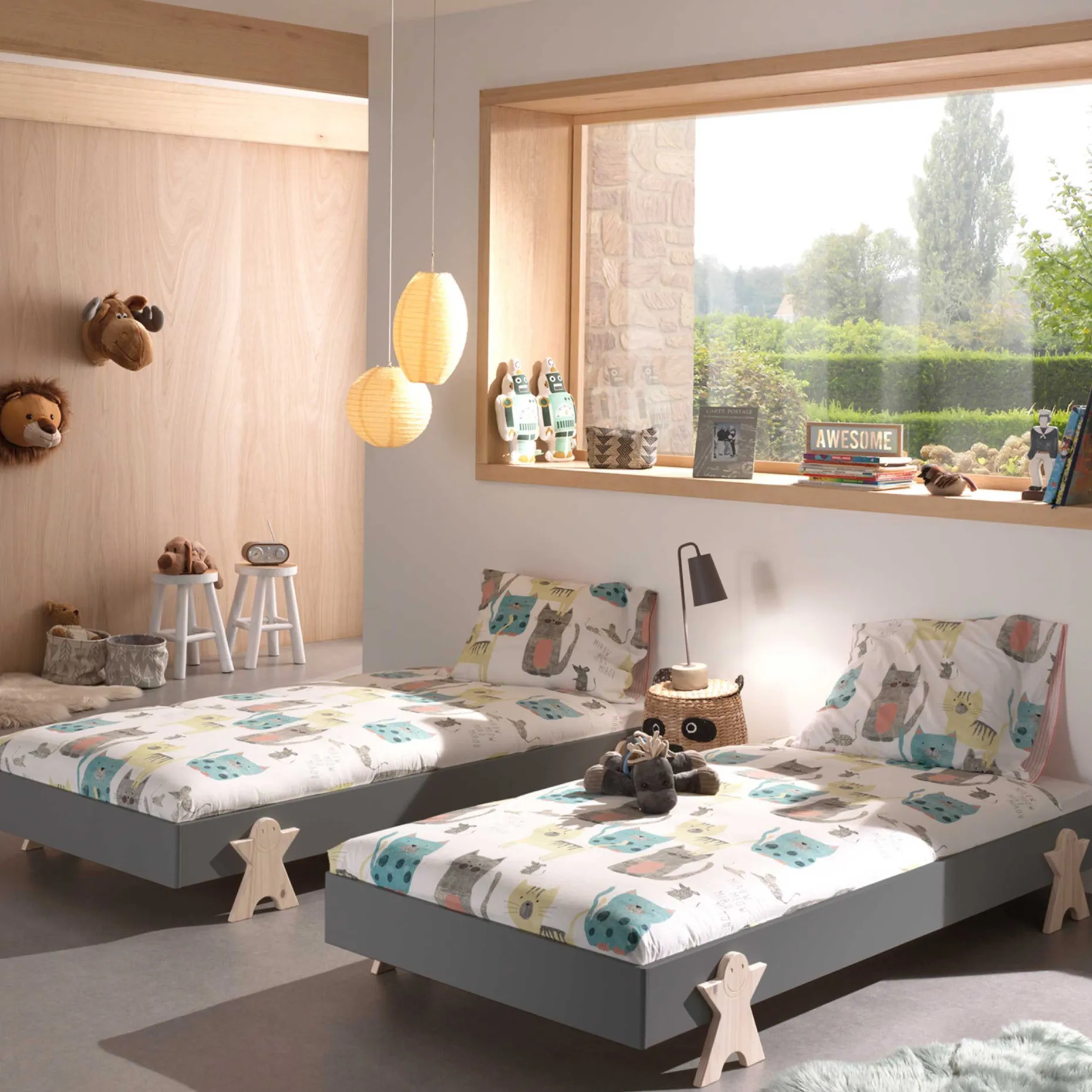 Kinderbett Modulo Smiley 90x200 stapelbar 2er Set - anthrazit/Kieferholz