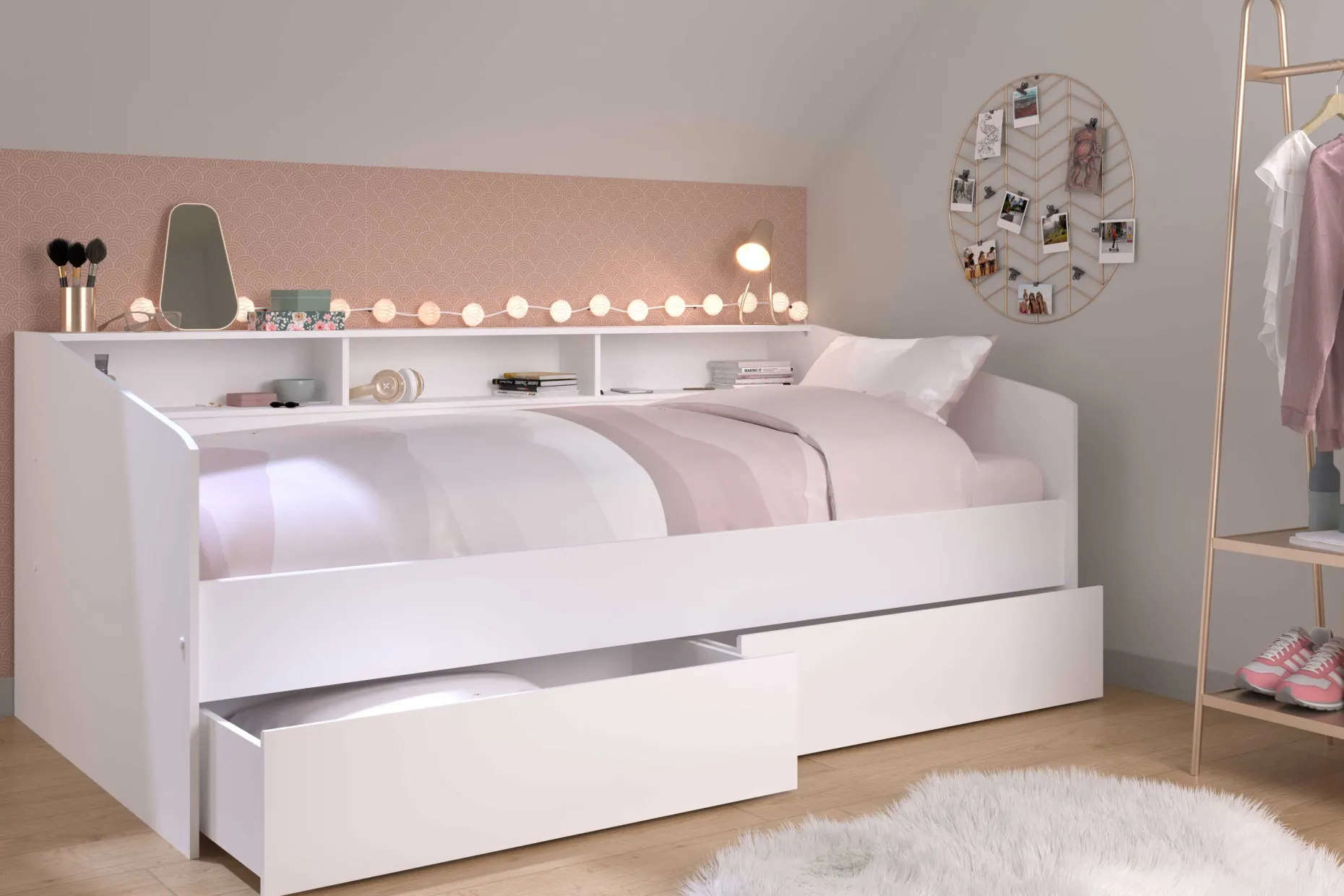 Kinderbett Sleep 90x200cm mit Bettkästen - weiß