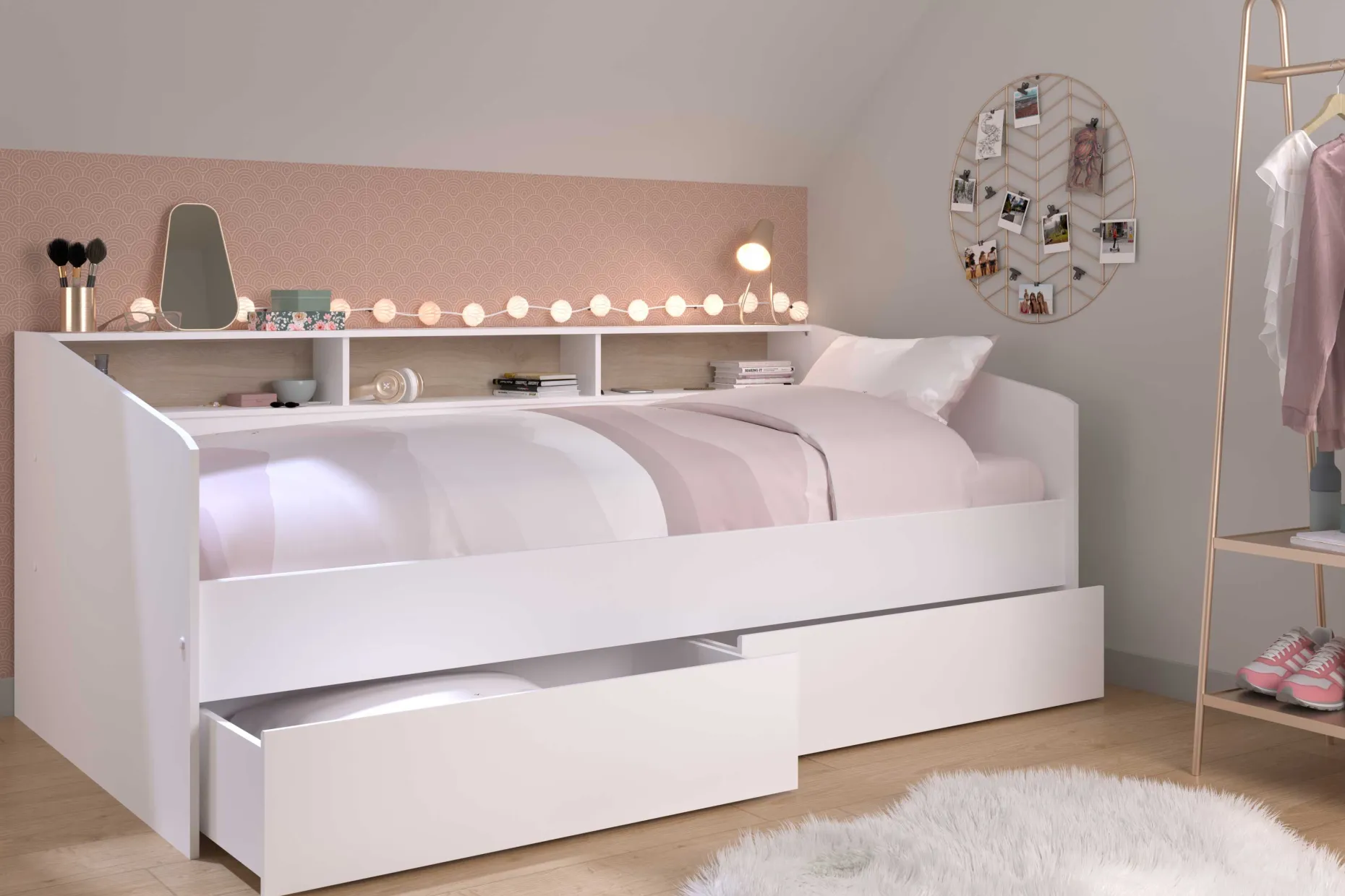 Kinderbett Sleep 90x200cm mit Bettkästen - weiß