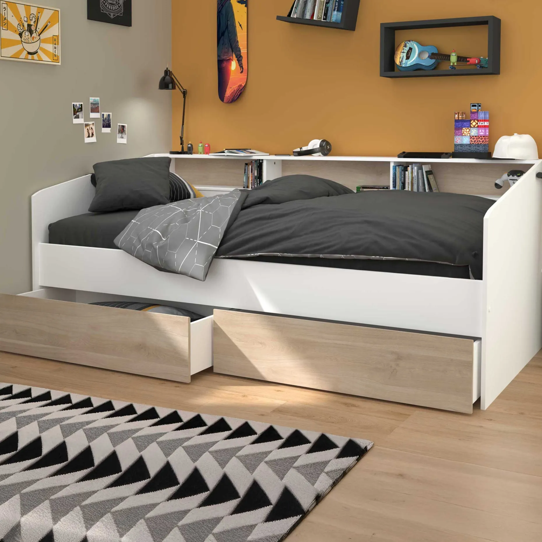 Kinderbett Sleep 90x200cm mit Bettkästen - weiß/Eiche Dekor