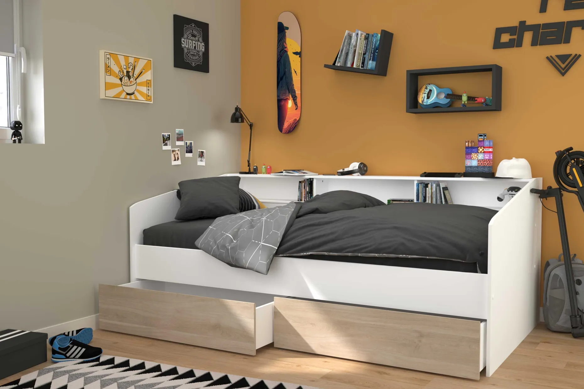Kinderbett Sleep 90x200cm mit Bettkästen - weiß/Eiche Dekor