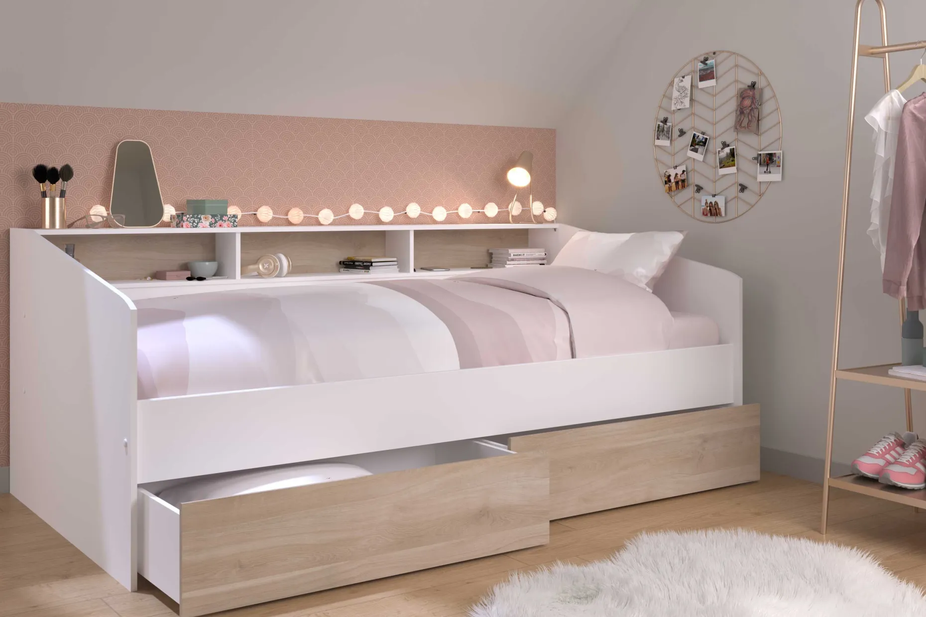 Kinderbett Sleep 90x200cm mit Bettkästen - weiß/Eiche Dekor