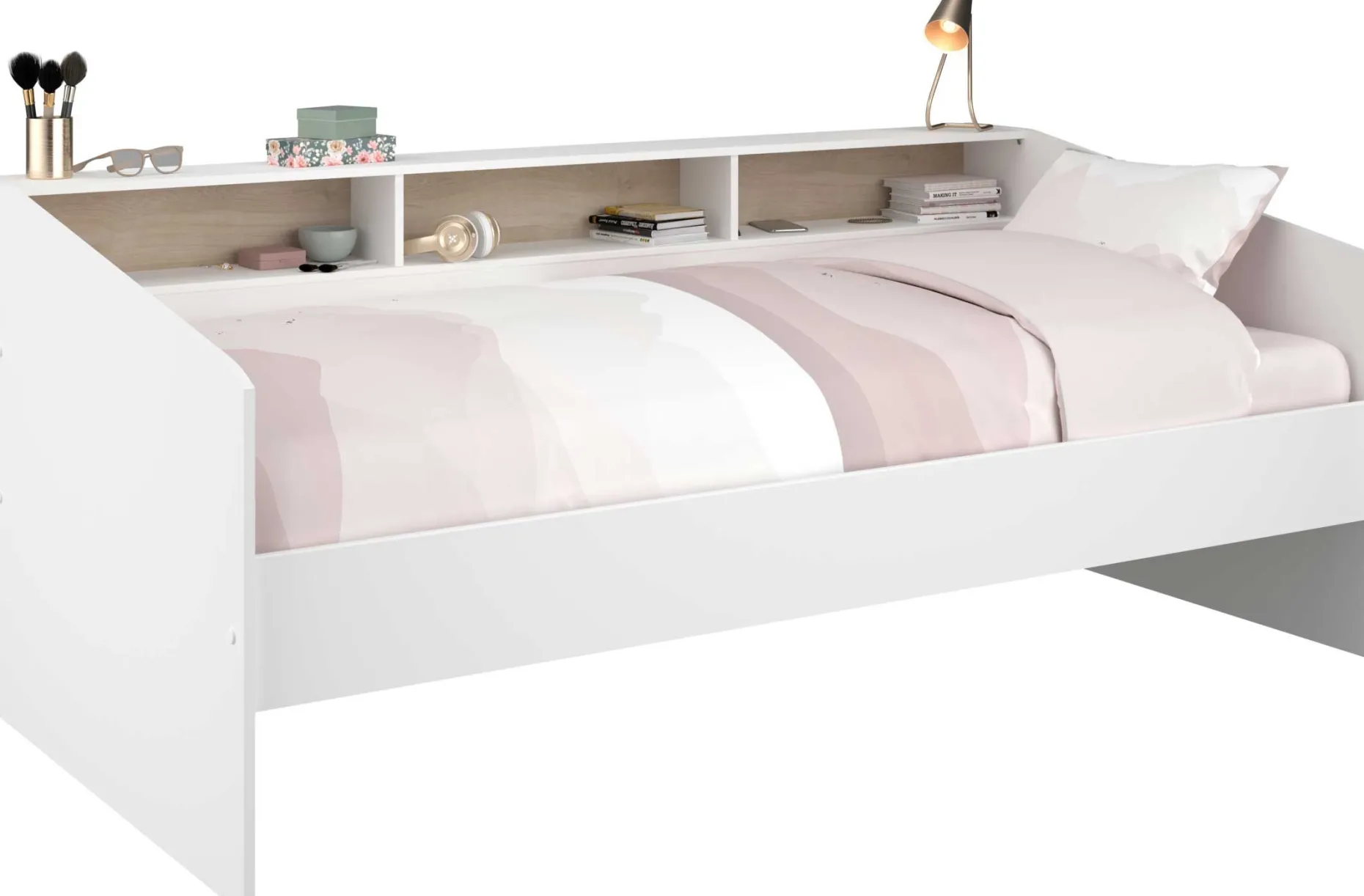 Kinderbett Sleep 90x200cm mit Stauraum - weiß/Eiche Dekor