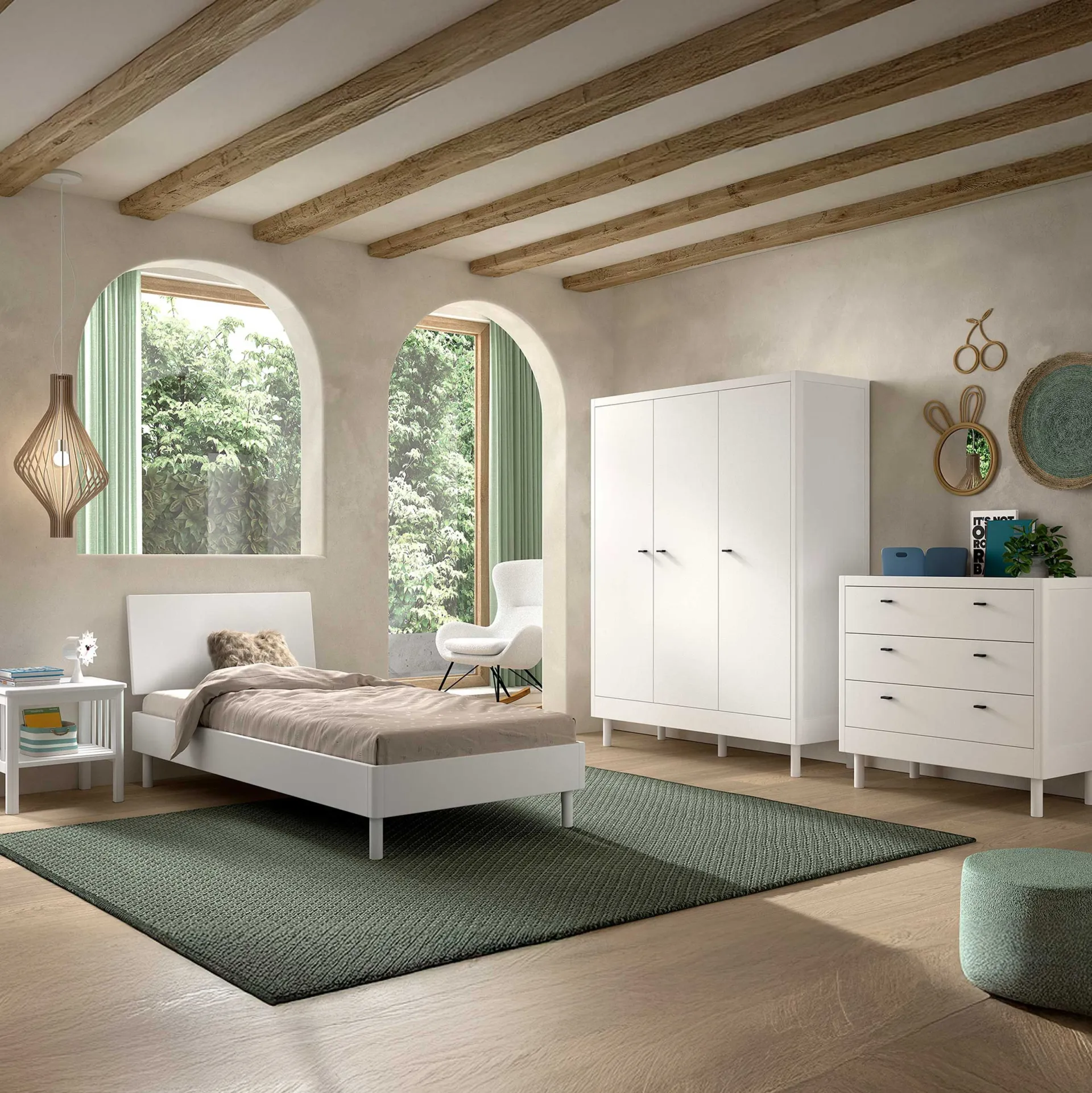 Kinder Vipack Kinderzimmer Forrest: Nachttisch, Bett 90x200, Kleiderschrank, Kommode - buche