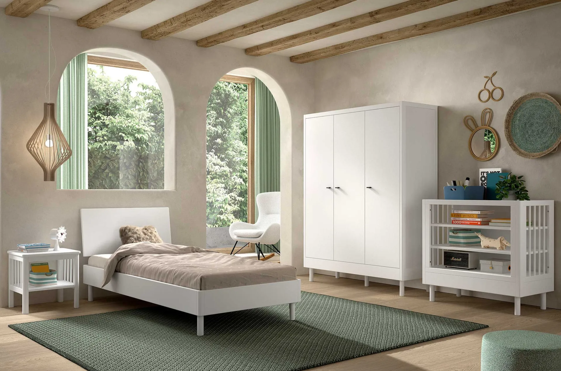Kinder Vipack Kinderzimmer Forrest: Nachttisch, Bett 90x200, Kleiderschrank, Regal - buche