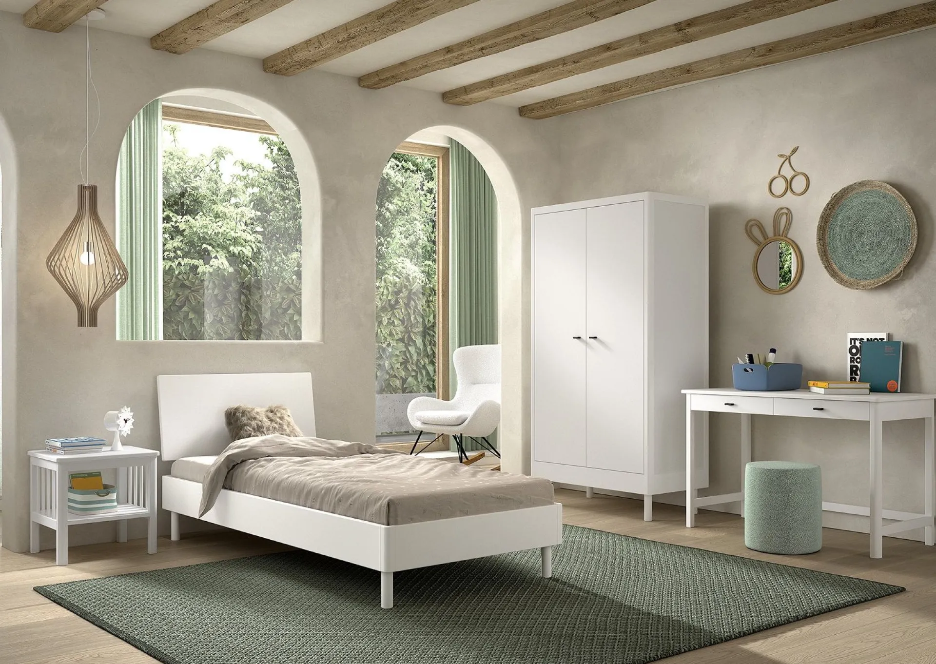 Kinder Vipack Kinderzimmer Forrest: Nachttisch, Bett 90x200, Kleiderschrank, Schreibtisch - buche