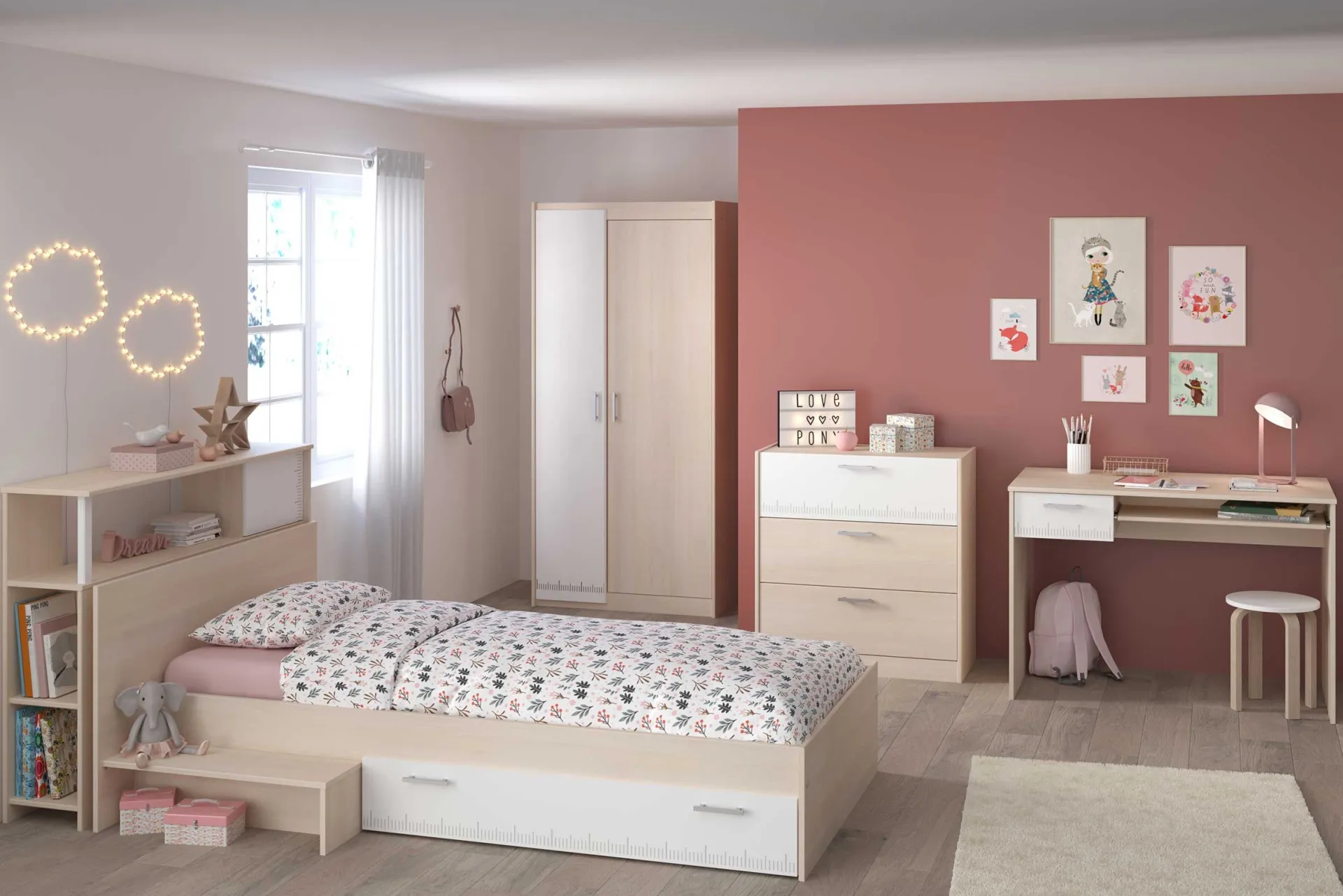Kinder Parisot Kinderzimmerkombination Charly 90x190 | Kinderbett, Rückenteil, Kleiderschrank, Kommode, Schreibtisch