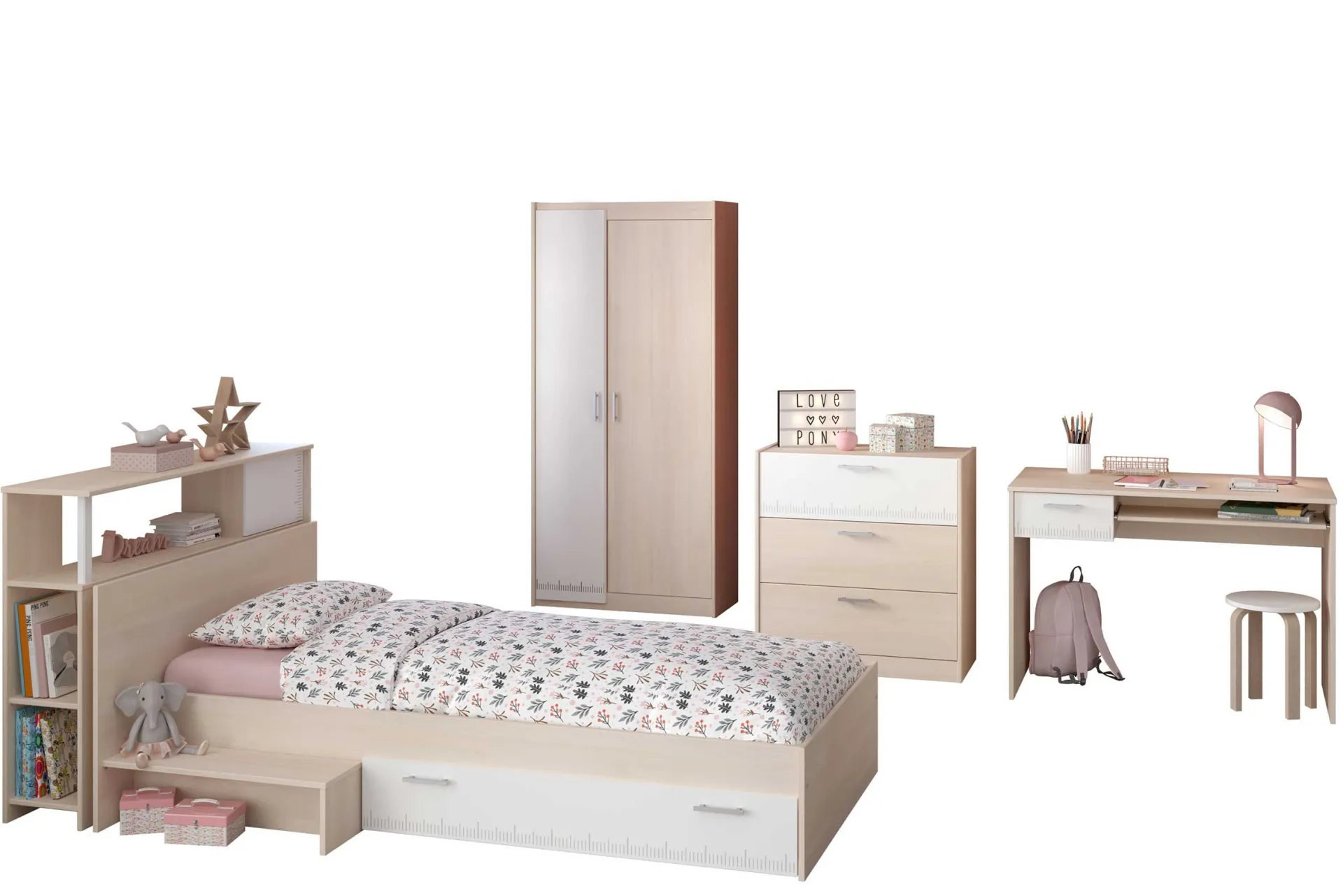Kinder Parisot Kinderzimmerkombination Charly 90x190 | Kinderbett, Rückenteil, Kleiderschrank, Kommode, Schreibtisch
