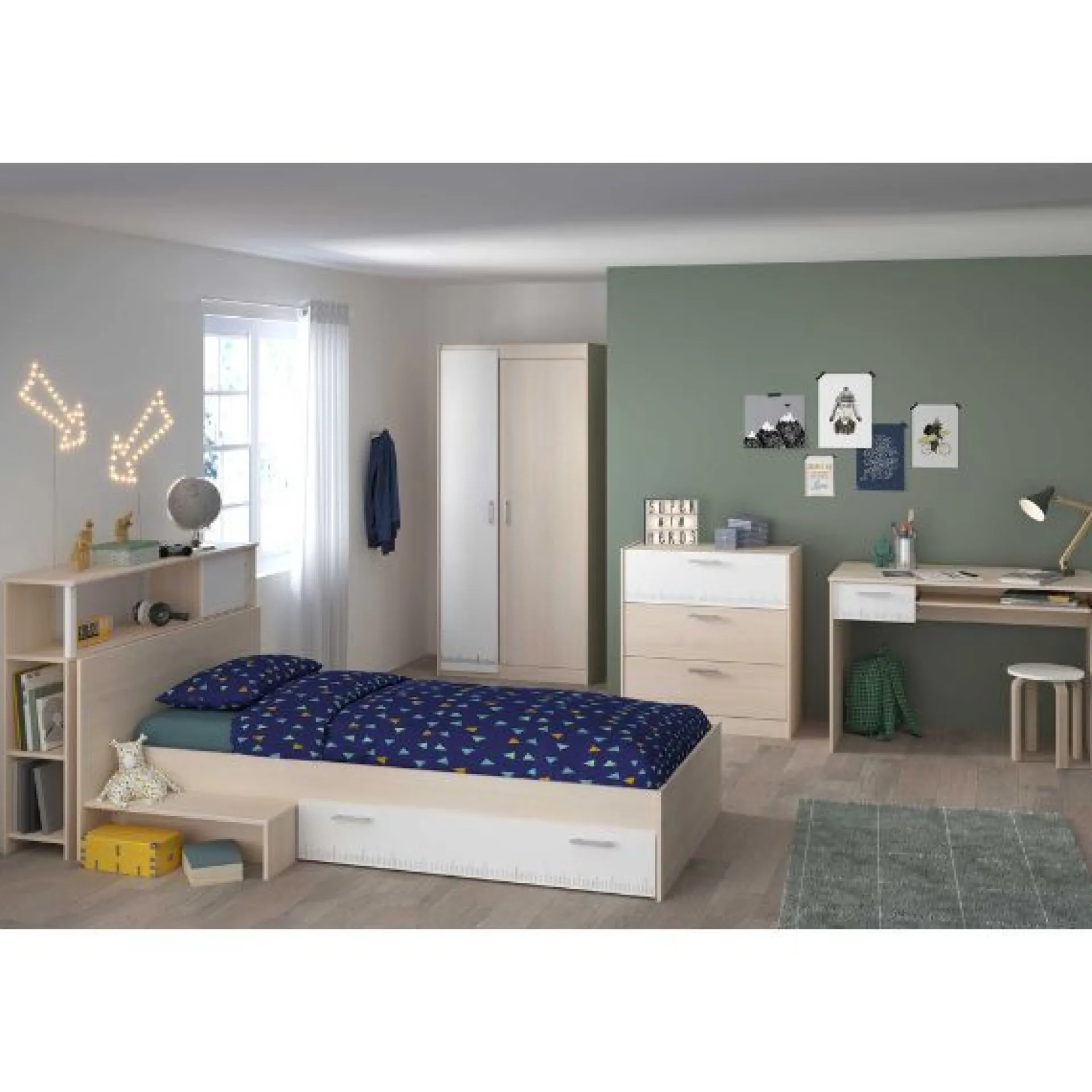 Kinder Parisot Kinderzimmerkombination Charly 90x190 | Kinderbett, Rückenteil, Kleiderschrank, Kommode, Schreibtisch