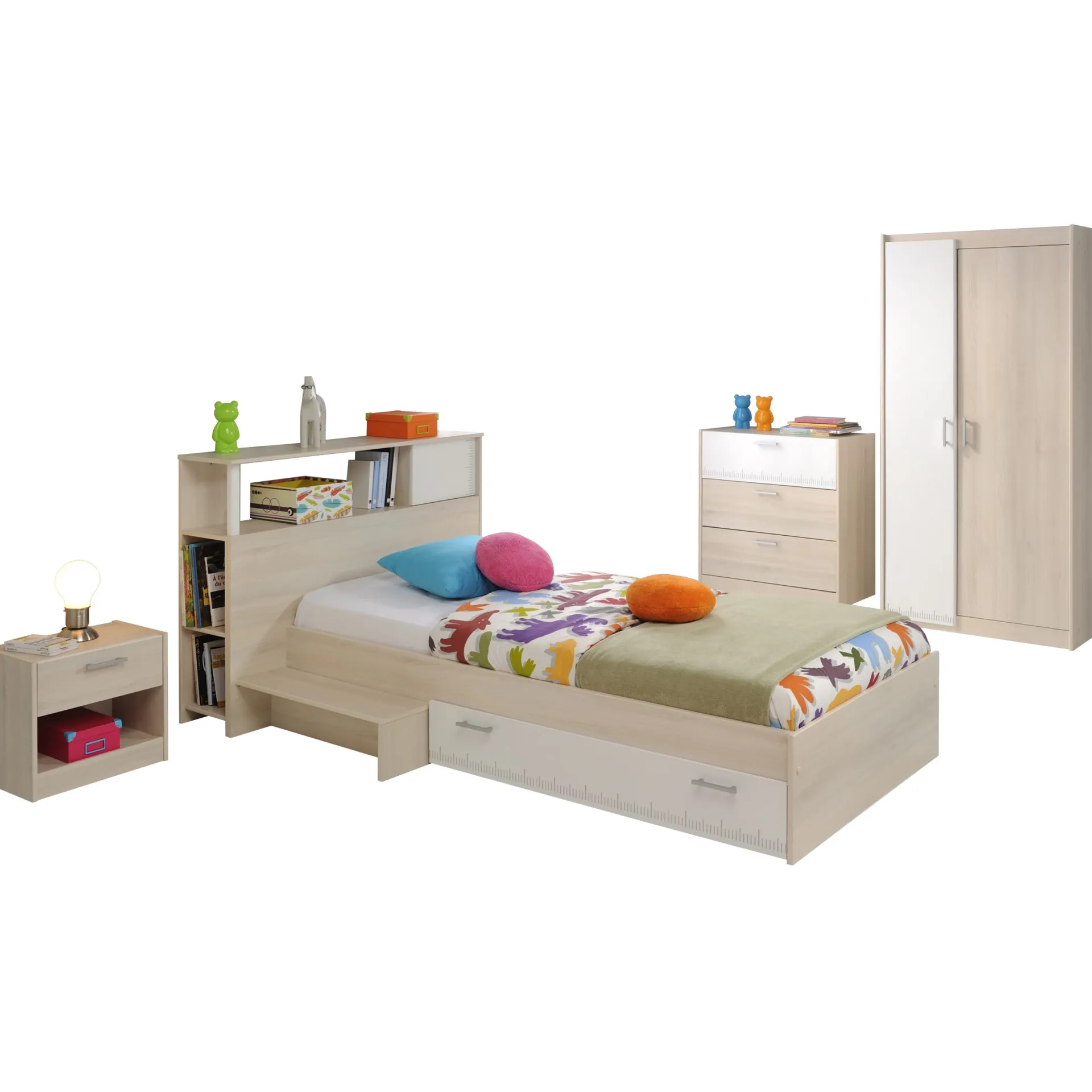 Kinder Parisot Kinderzimmerkombination Charly 90x190 | Kinderbett, Rückenteil, Kleiderschrank, Kommode, Schreibtisch