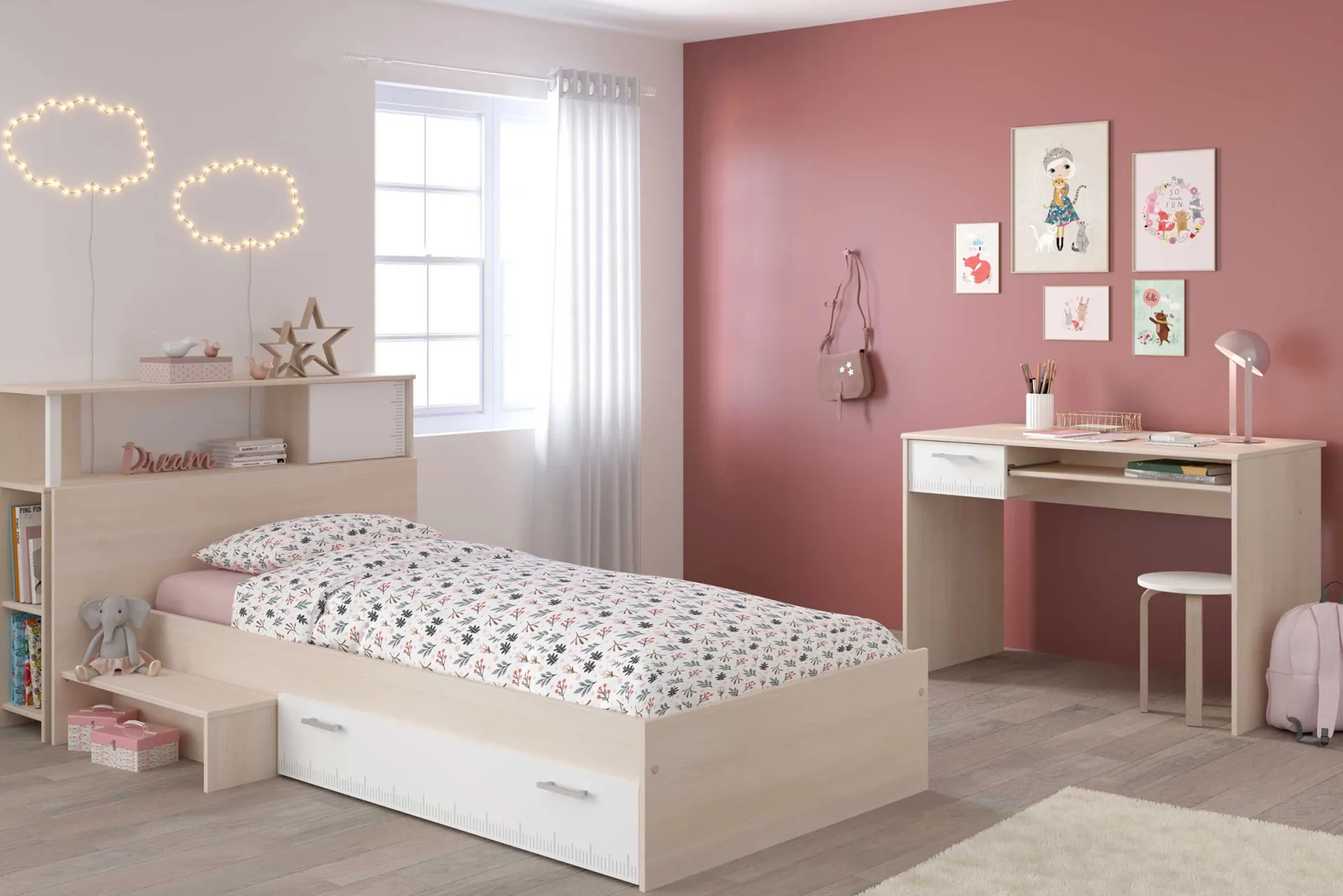 Kinder Parisot Kinderzimmerkombination Charly 90x190 | Kinderbett, Rückenteil, Schreibtisch