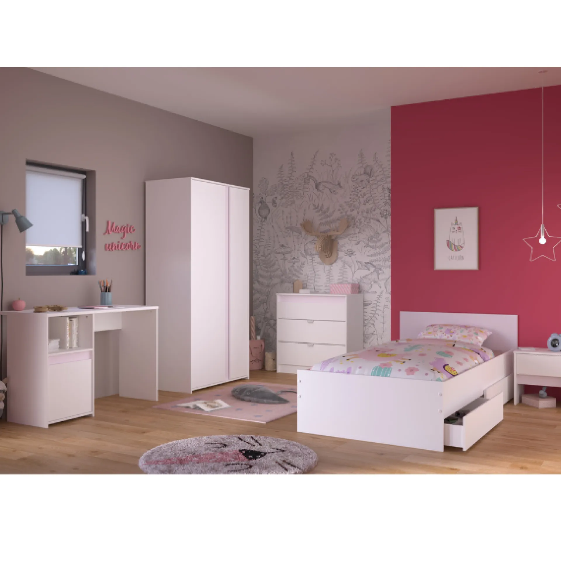Kinder Parisot Kinderzimmer Rue | Einzelbett, Bettkasten, Nachttisch, Kleiderschrank, Kommode, Schreibtisch