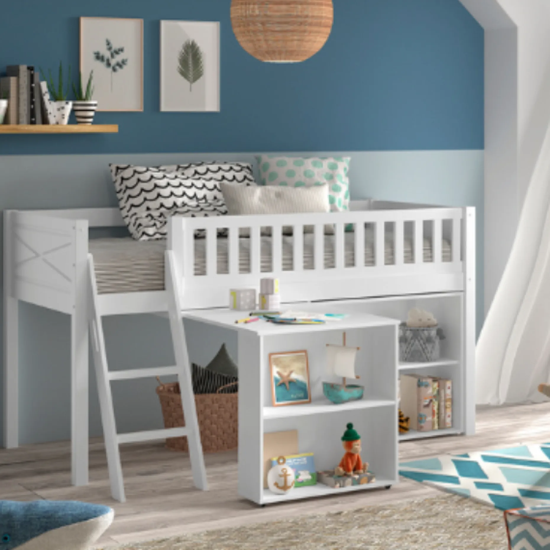 Kinderzimmer-Set Scott - Halbhochbett, Schreibtisch & Bücherregal - Weiß