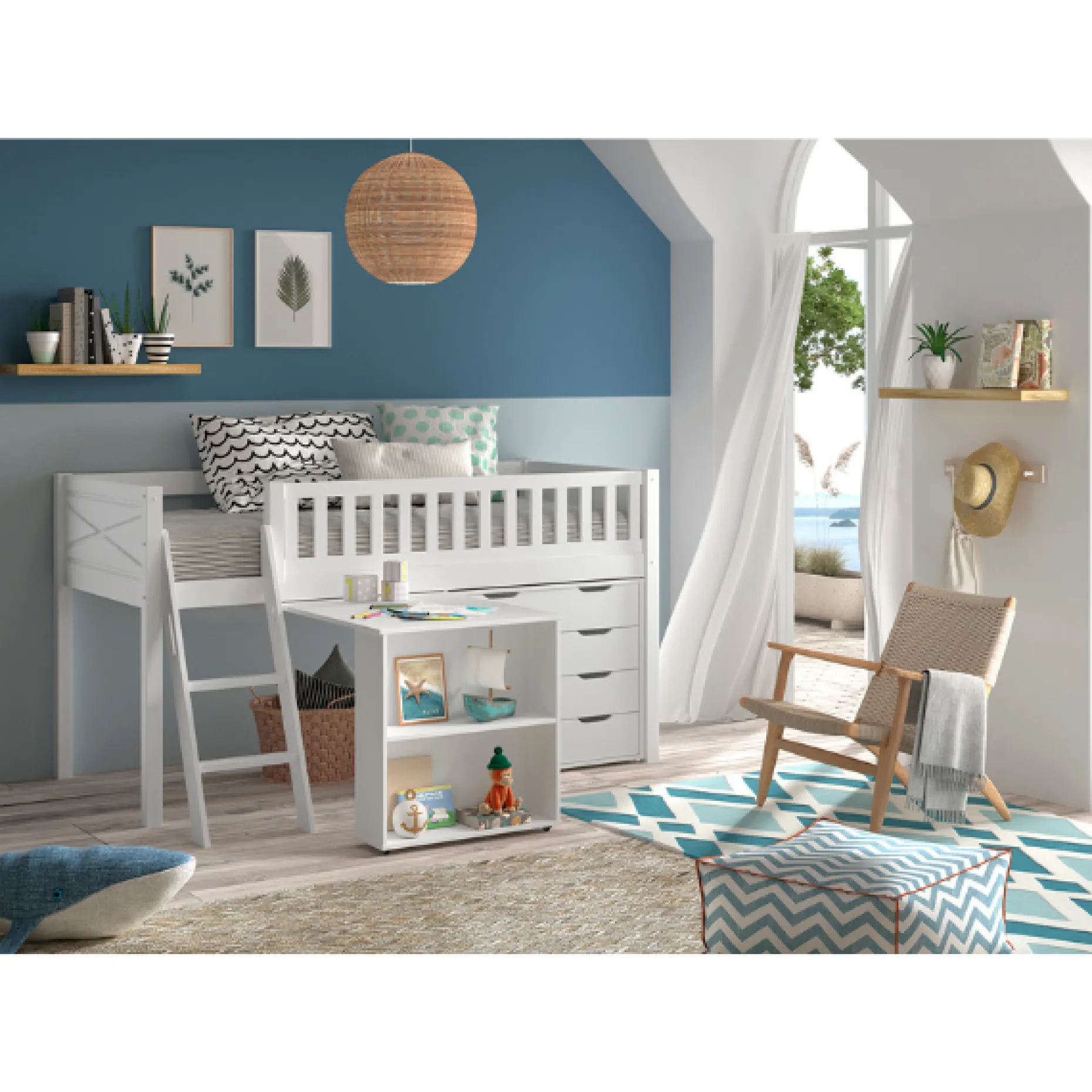 Kinderzimmer-Set Scott - Halbhochbett, Kommode & Schreibtisch - Weiß