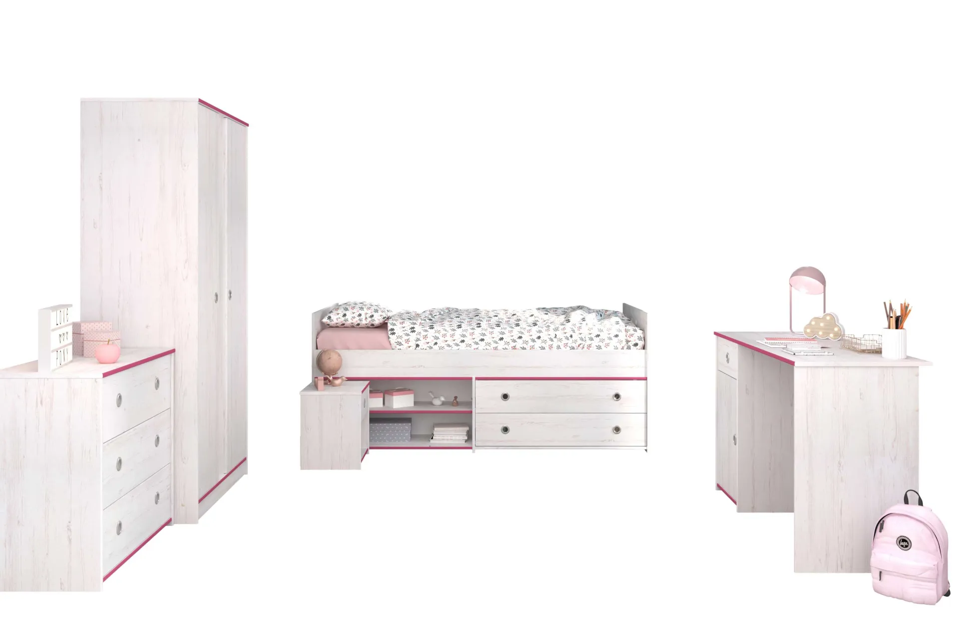 Kinder Parisot Kinderzimmer-Set Smoozy | Kinderbett, Schreibtisch, Kommode, Nachttisch, Kleiderschrank |
