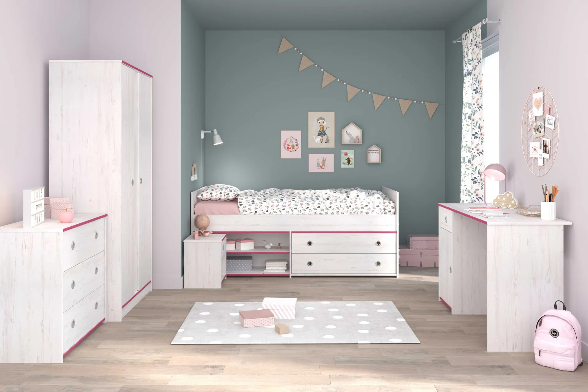 Kinder Parisot Kinderzimmer-Set Smoozy | Kinderbett, Schreibtisch, Kommode, Nachttisch, Kleiderschrank |