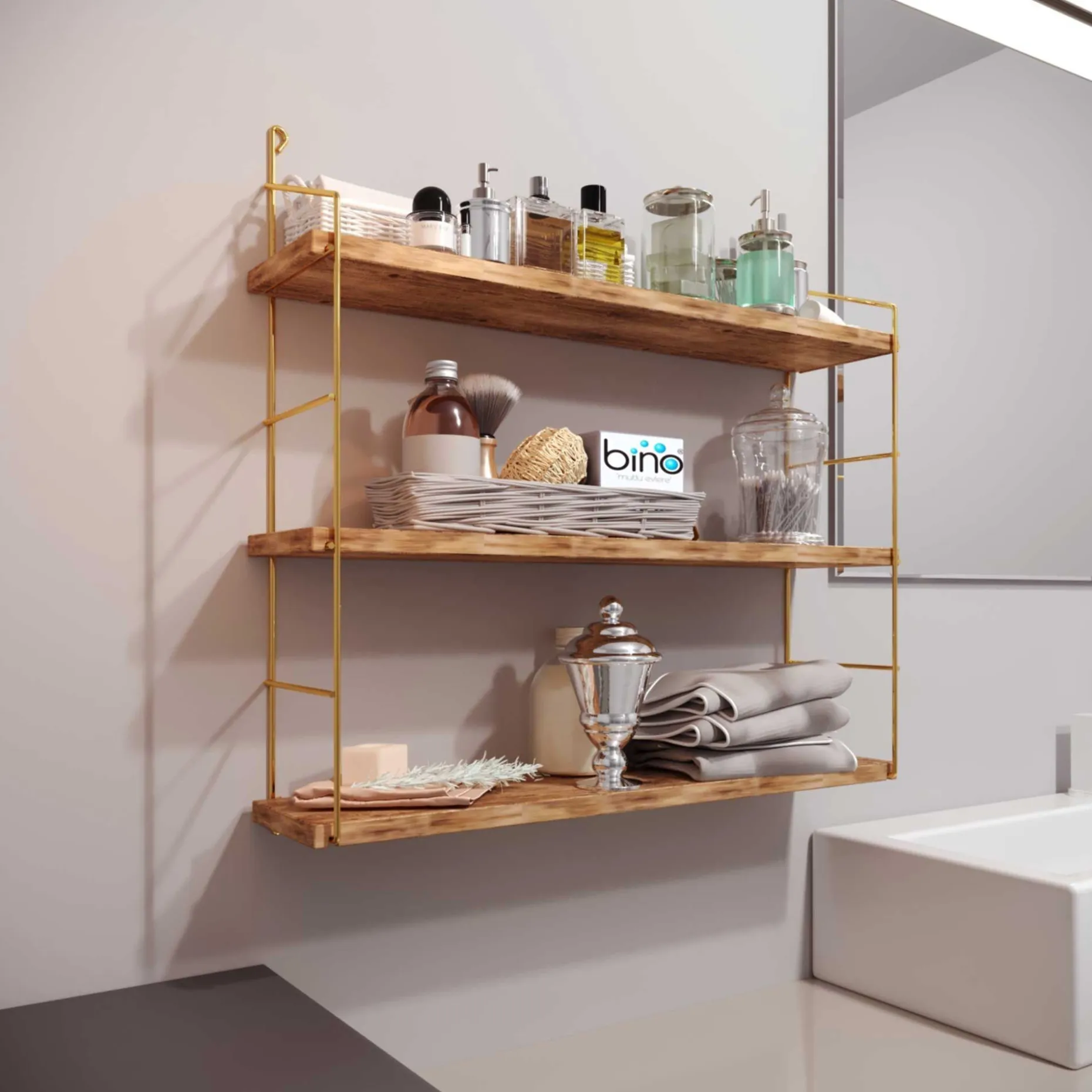 Kitaplık Wandregal | HOLZ | Gold, Braun
