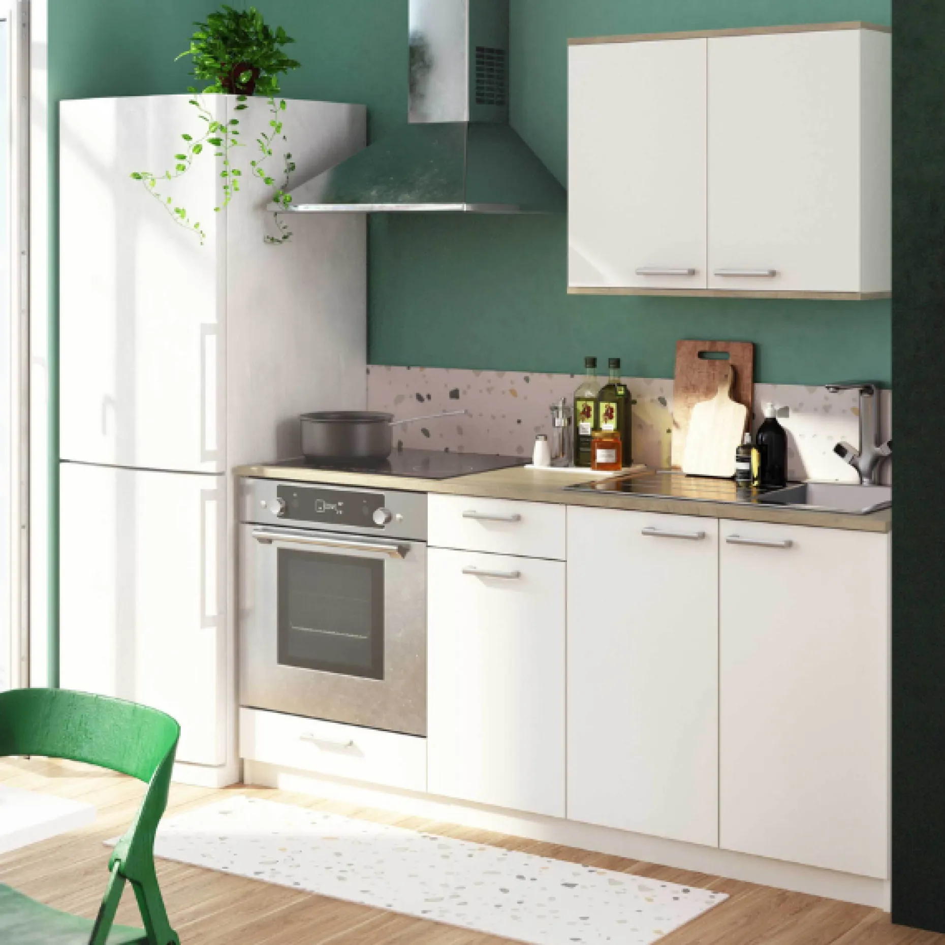 Kitchenette Chef - Oberschrank, Unterschränke für Backofen, Spüle und Kochfeld - Weiß/MDF