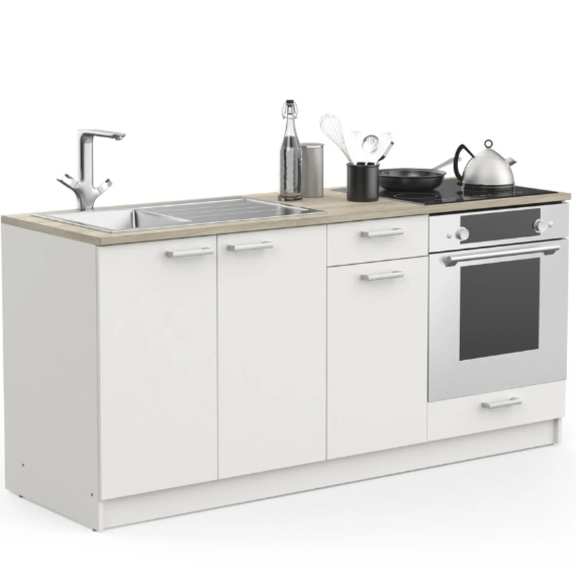 Kitchenette Chef - Oberschrank, Unterschränke für Backofen, Spüle und Kochfeld - Weiß/MDF
