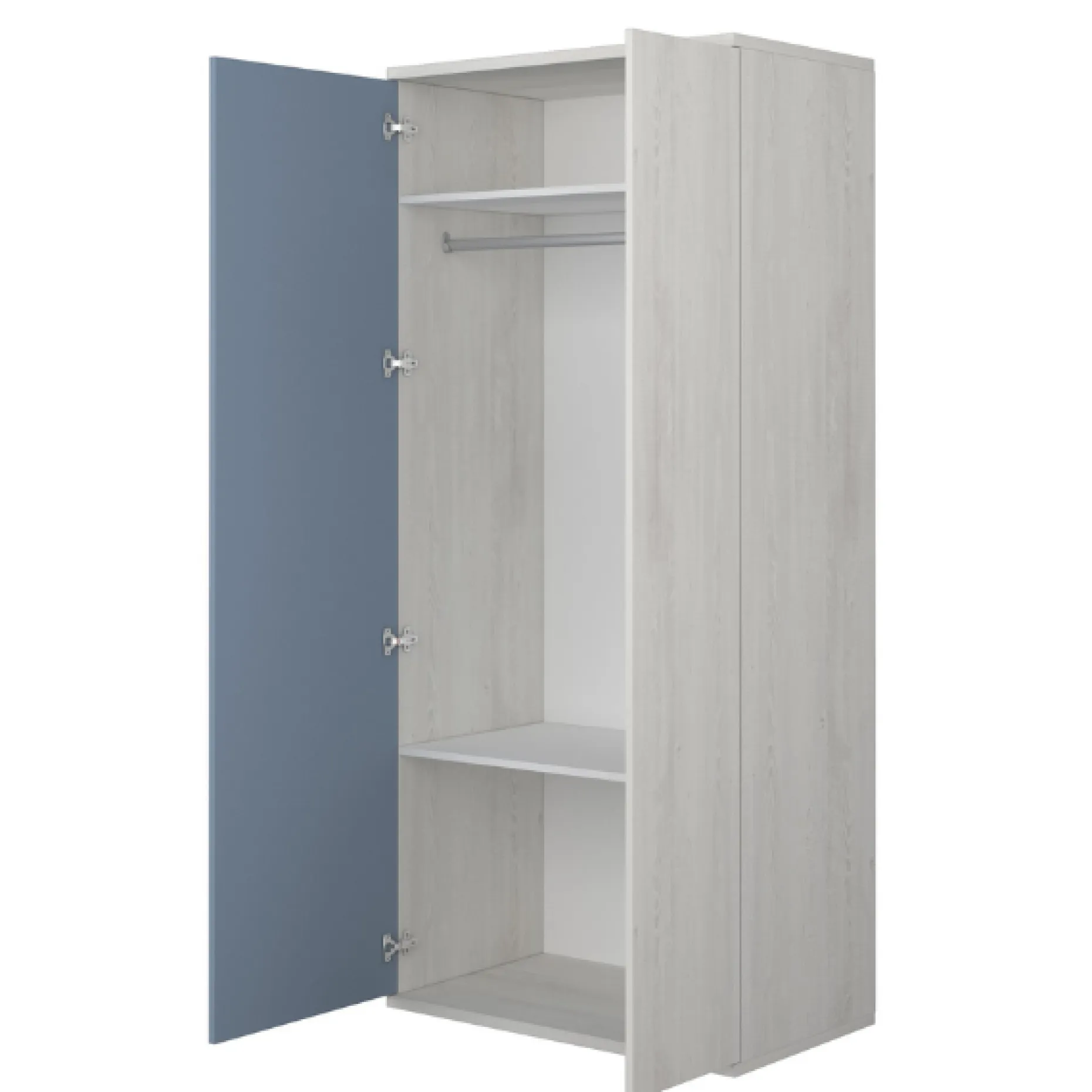 Kleiderschrank Bo0 mit Kleiderstange, länglichem Griff und 2 Einlegeböden - Kiefer/blau