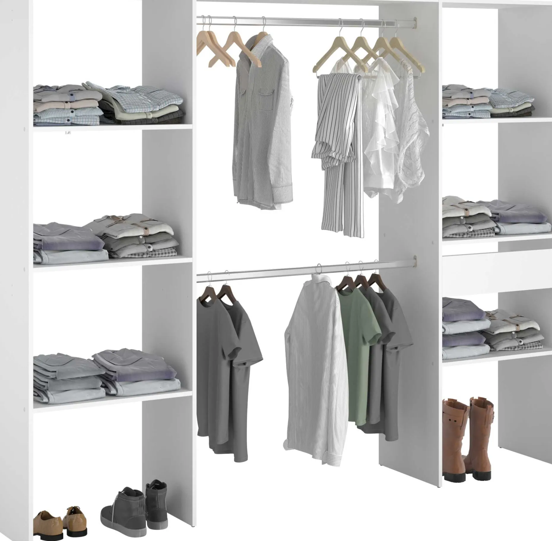 Kleiderschrank Botan 220cm, 6 Einlegeböden, 2 Kleiderstangen und 1 Schublade - weiß