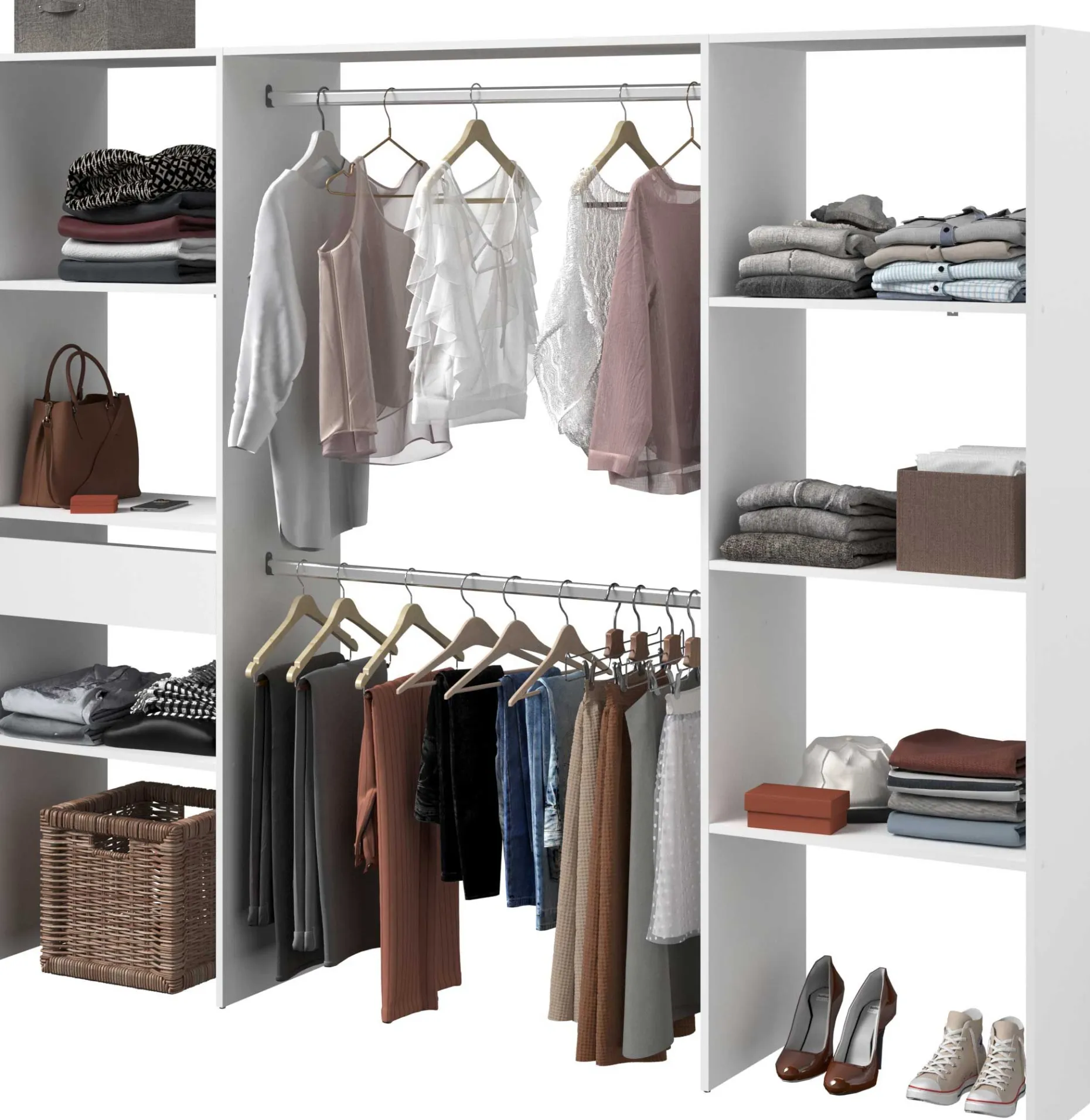 Kleiderschrank Botan 220cm, 6 Einlegeböden, 2 Kleiderstangen und 1 Schublade - weiß