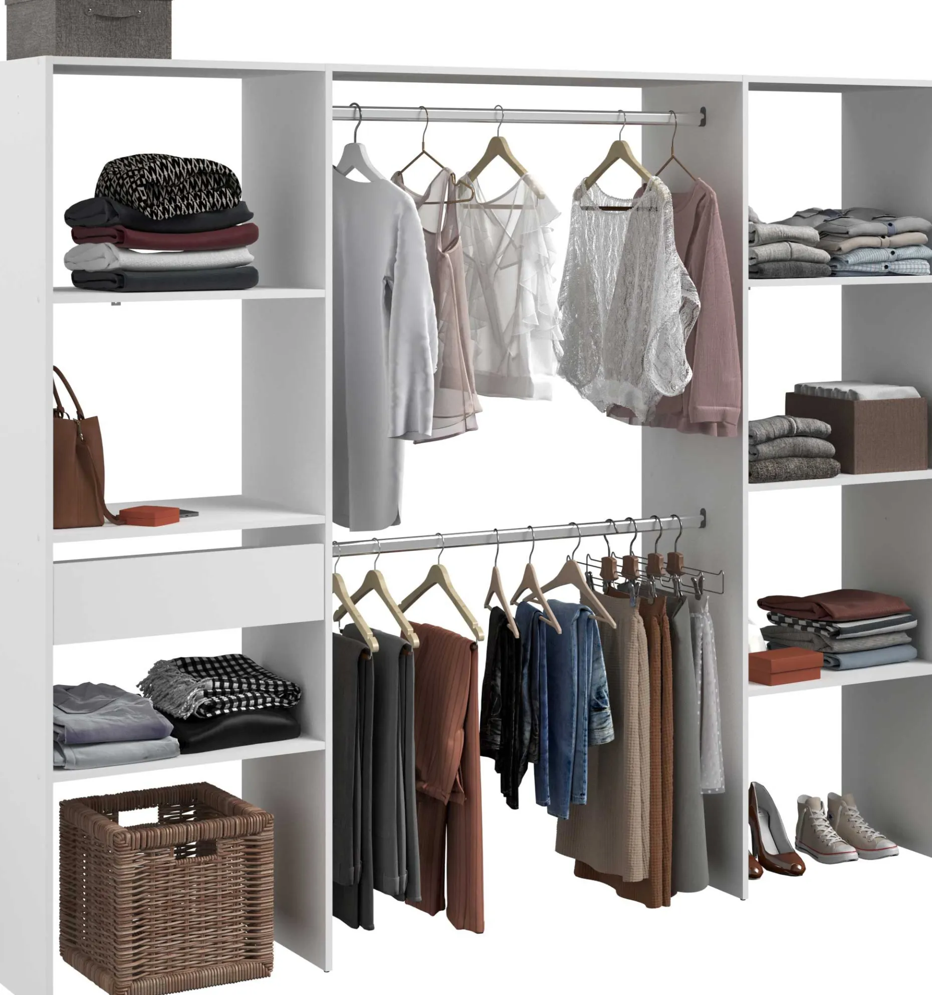 Kleiderschrank Botan 220cm, 6 Einlegeböden, 2 Kleiderstangen und 1 Schublade - weiß