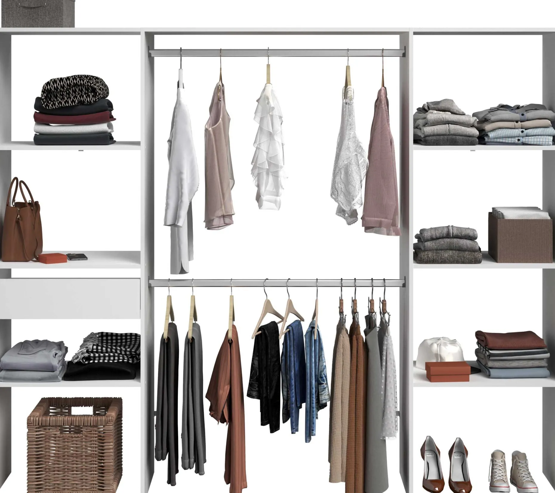 Kleiderschrank Botan 220cm, 6 Einlegeböden, 2 Kleiderstangen und 1 Schublade - weiß