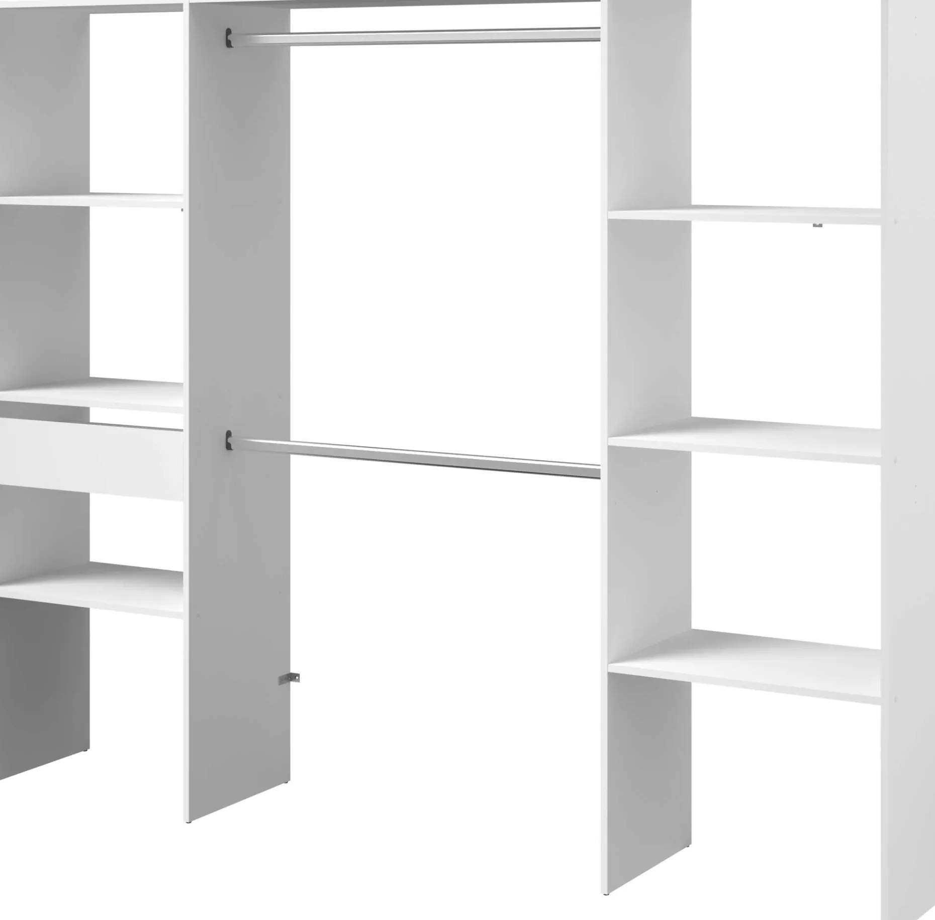 Kleiderschrank Botan 220cm, 6 Einlegeböden, 2 Kleiderstangen und 1 Schublade - weiß