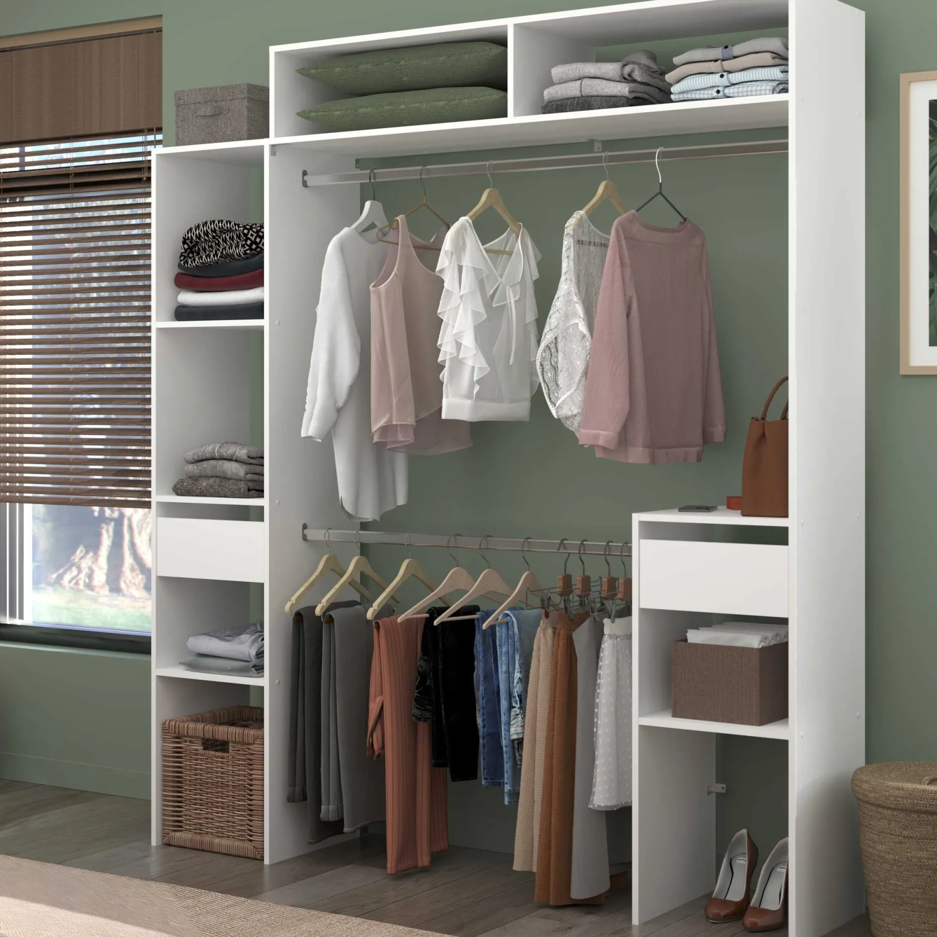 Kleiderschrank Botan 140 - 176cm, 4 Einlegeböden, 2 Kleiderstangen, 2 Schubladen - weiß