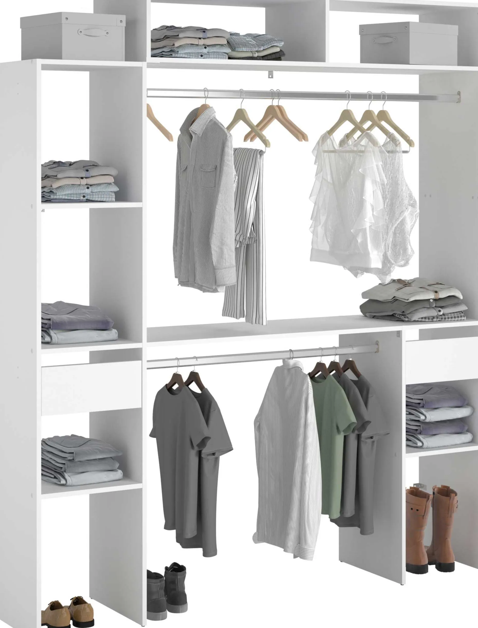 Kleiderschrank Botan 140 - 176cm, 4 Einlegeböden, 2 Kleiderstangen, 2 Schubladen - weiß