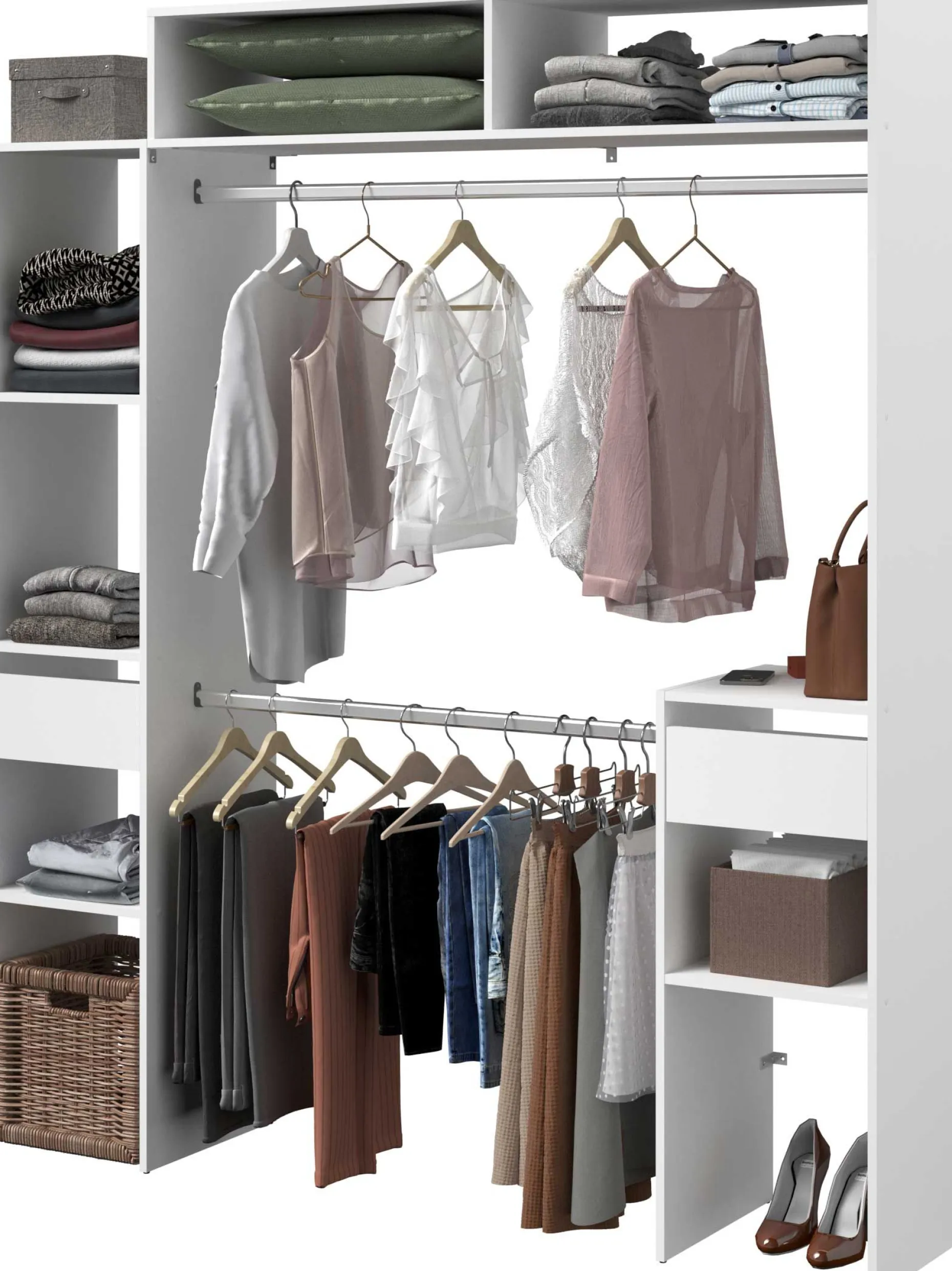 Kleiderschrank Botan 140 - 176cm, 4 Einlegeböden, 2 Kleiderstangen, 2 Schubladen - weiß
