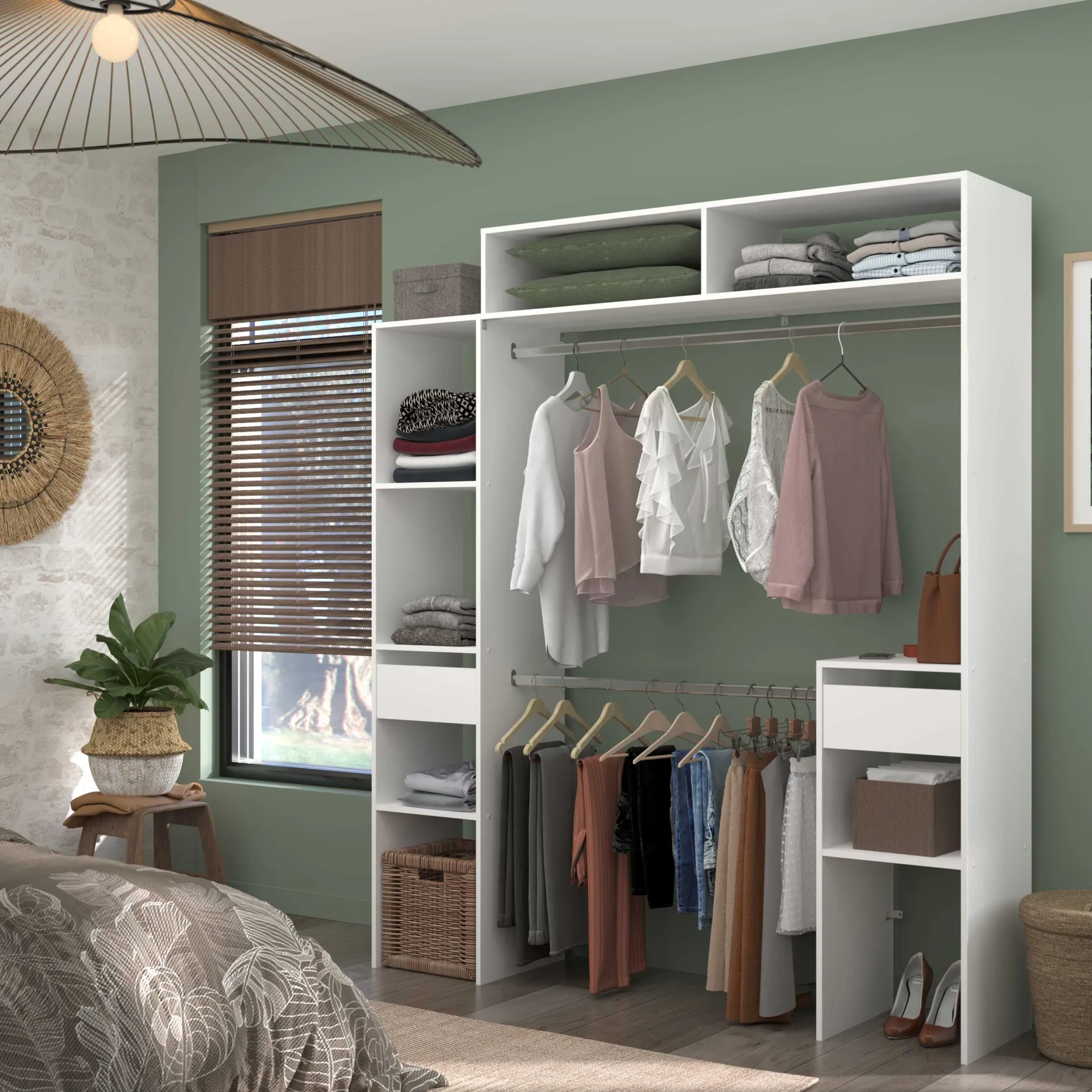Kleiderschrank Botan 140 - 176cm, 4 Einlegeböden, 2 Kleiderstangen, 2 Schubladen - weiß