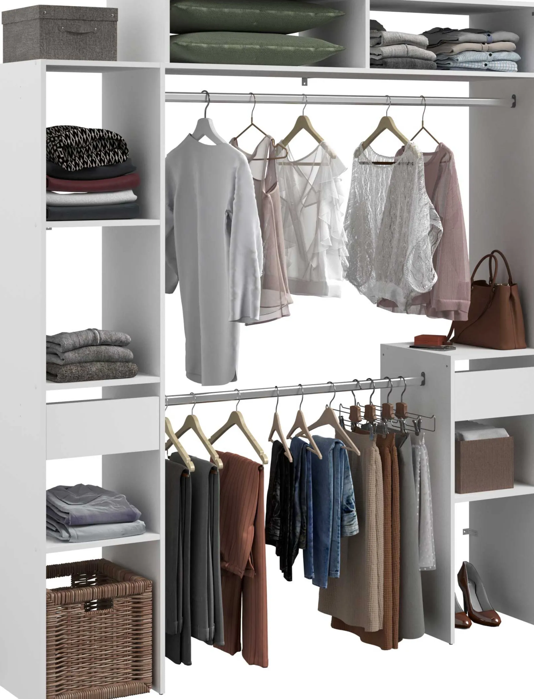 Kleiderschrank Botan 140 - 176cm, 4 Einlegeböden, 2 Kleiderstangen, 2 Schubladen - weiß