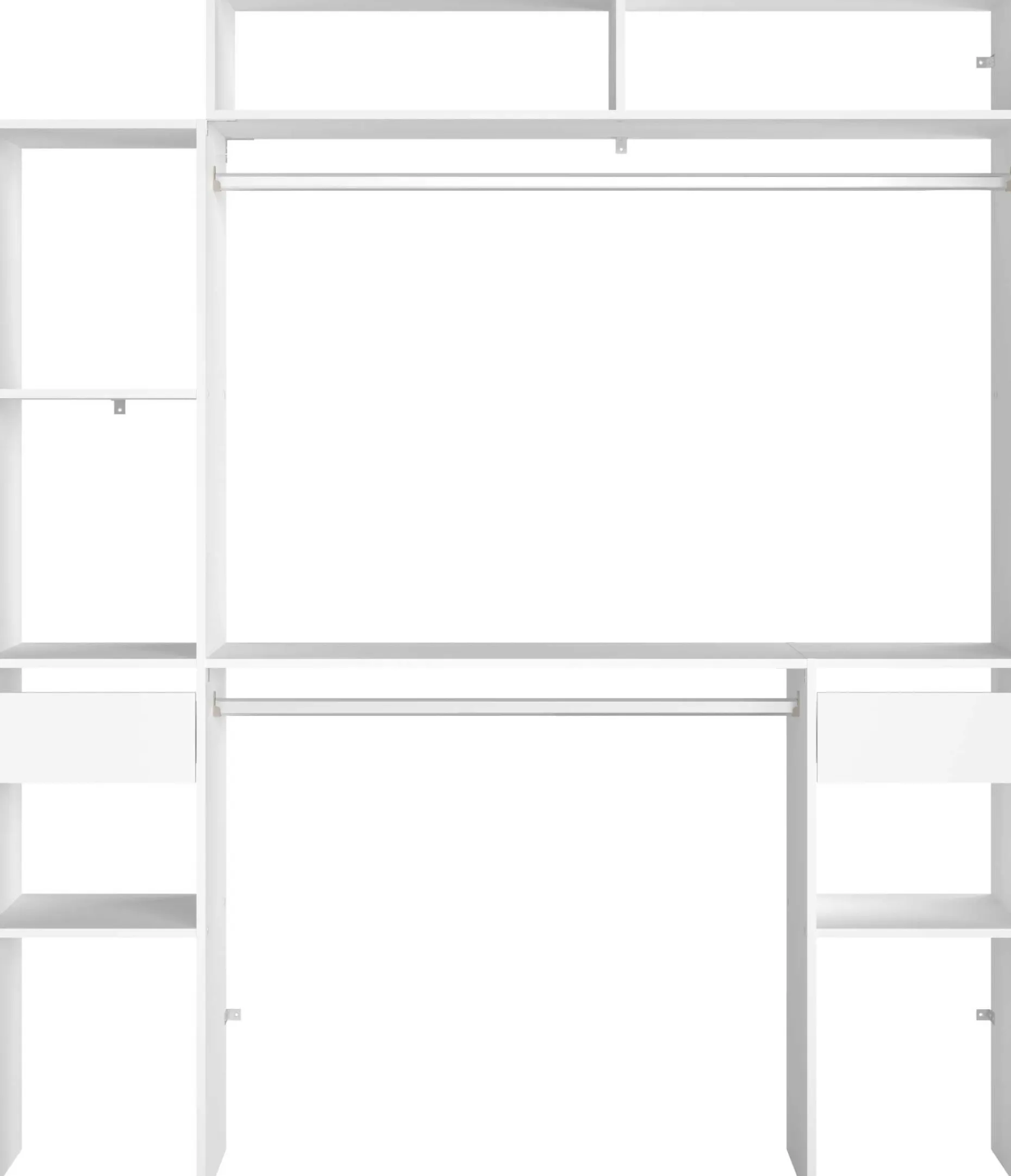 Kleiderschrank Botan 140 - 176cm, 4 Einlegeböden, 2 Kleiderstangen, 2 Schubladen - weiß