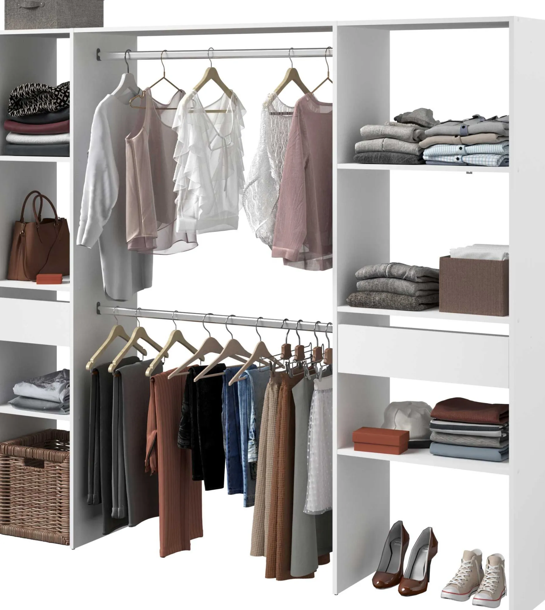 Kleiderschrank Botan 198cm, 6 Einlegeböden, 2 Kleiderstangen und 2 Schubladen - weiß
