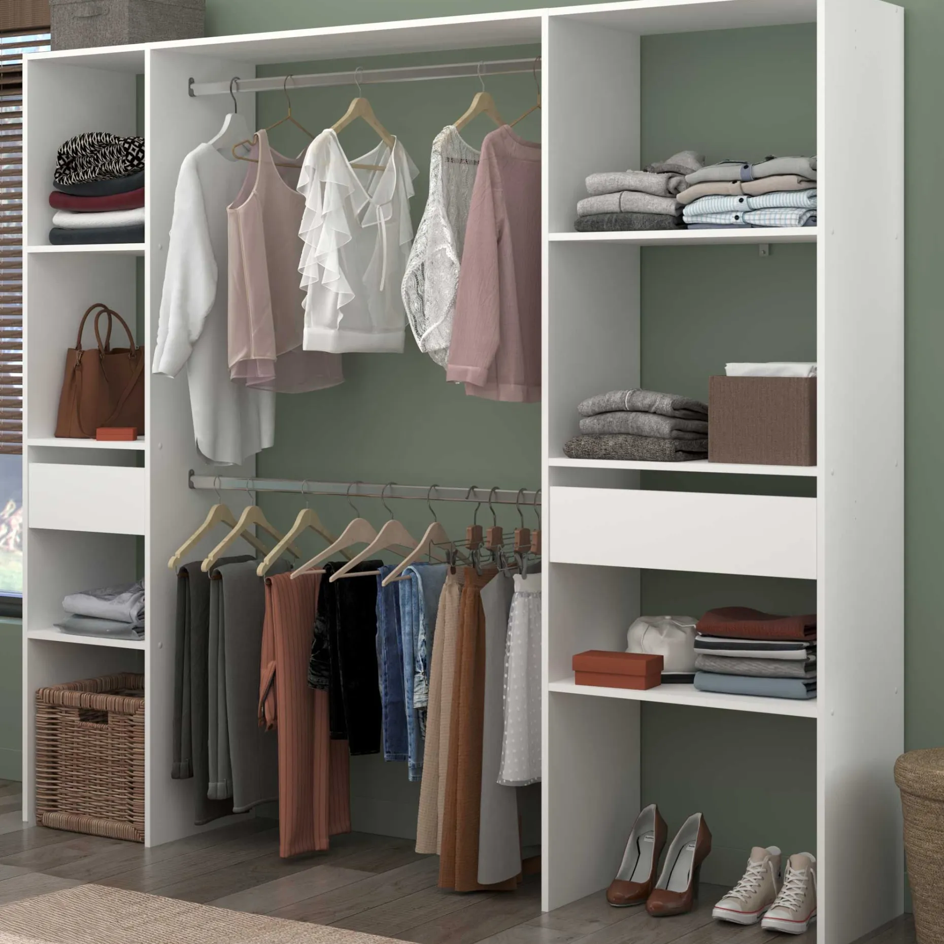 Kleiderschrank Botan 198cm, 6 Einlegeböden, 2 Kleiderstangen und 2 Schubladen - weiß