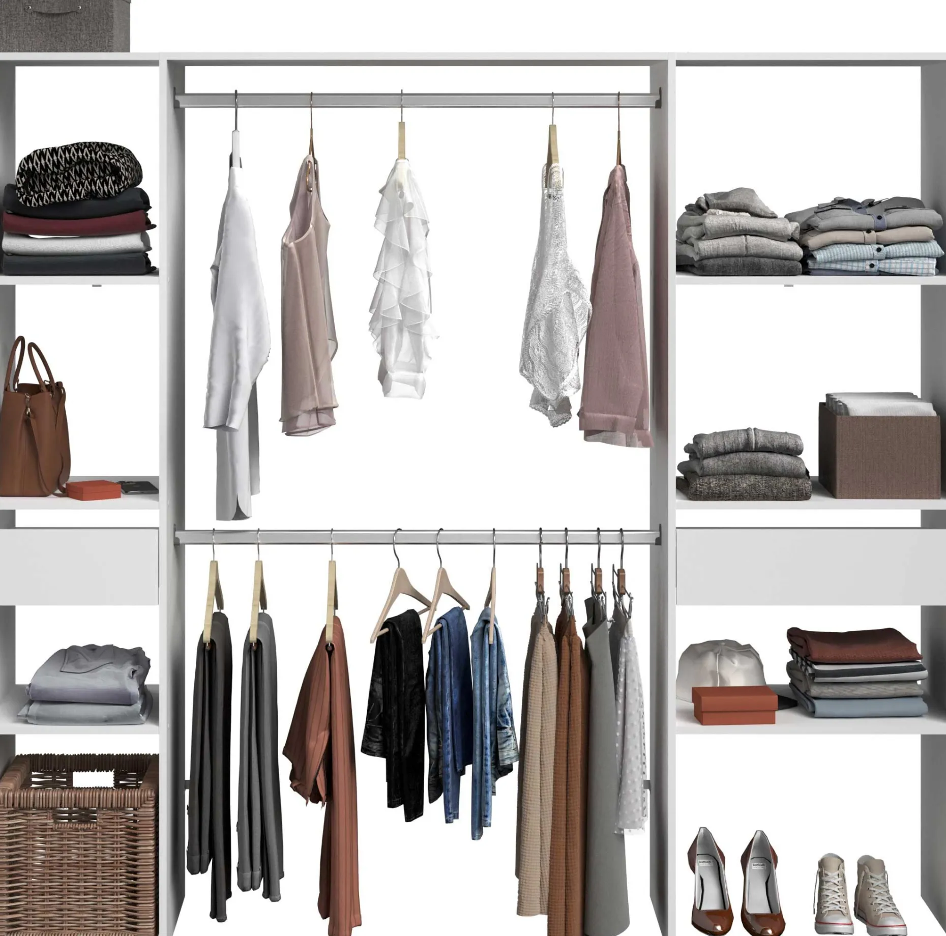 Kleiderschrank Botan 198cm, 6 Einlegeböden, 2 Kleiderstangen und 2 Schubladen - weiß