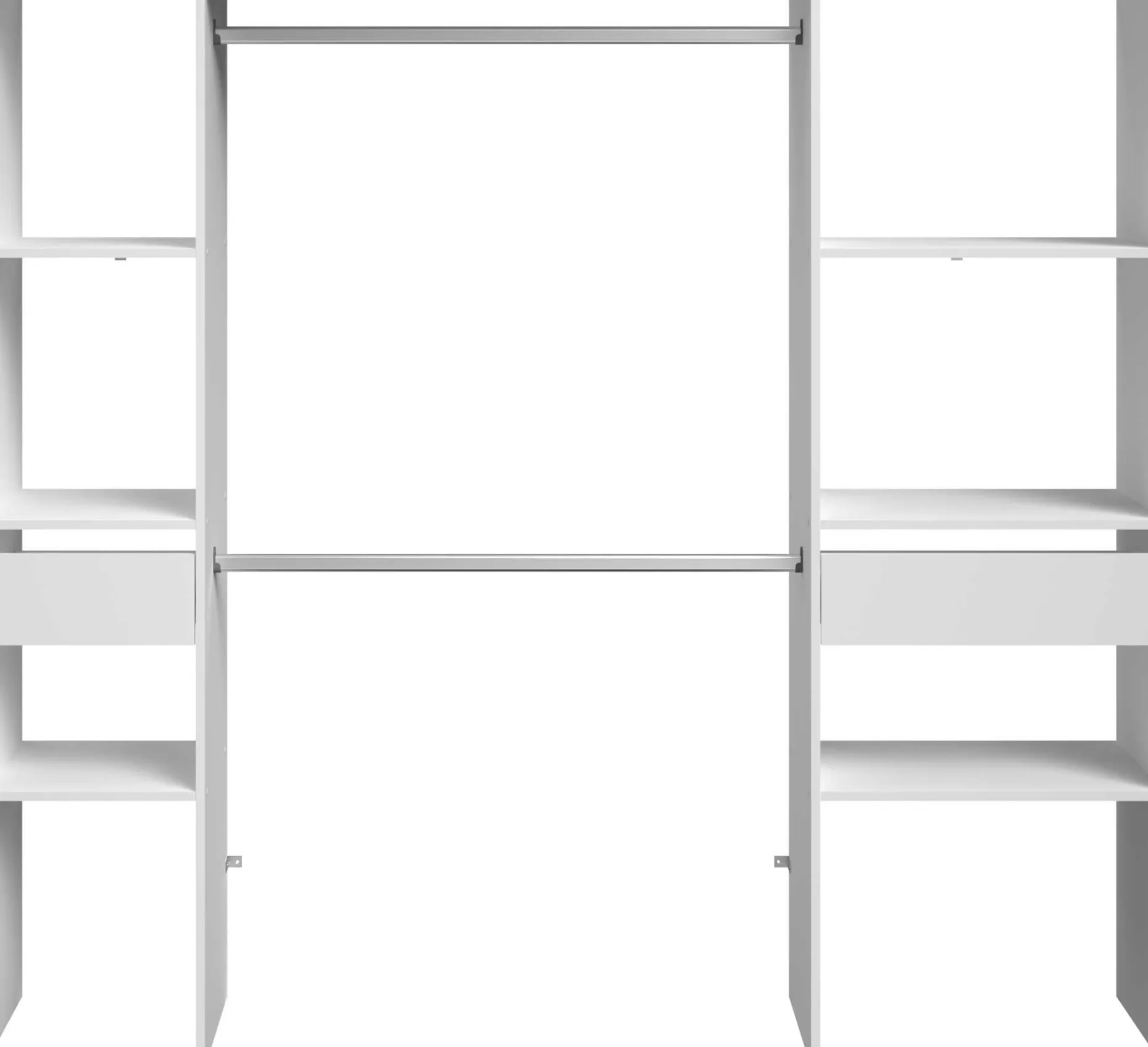 Kleiderschrank Botan 198cm, 6 Einlegeböden, 2 Kleiderstangen und 2 Schubladen - weiß