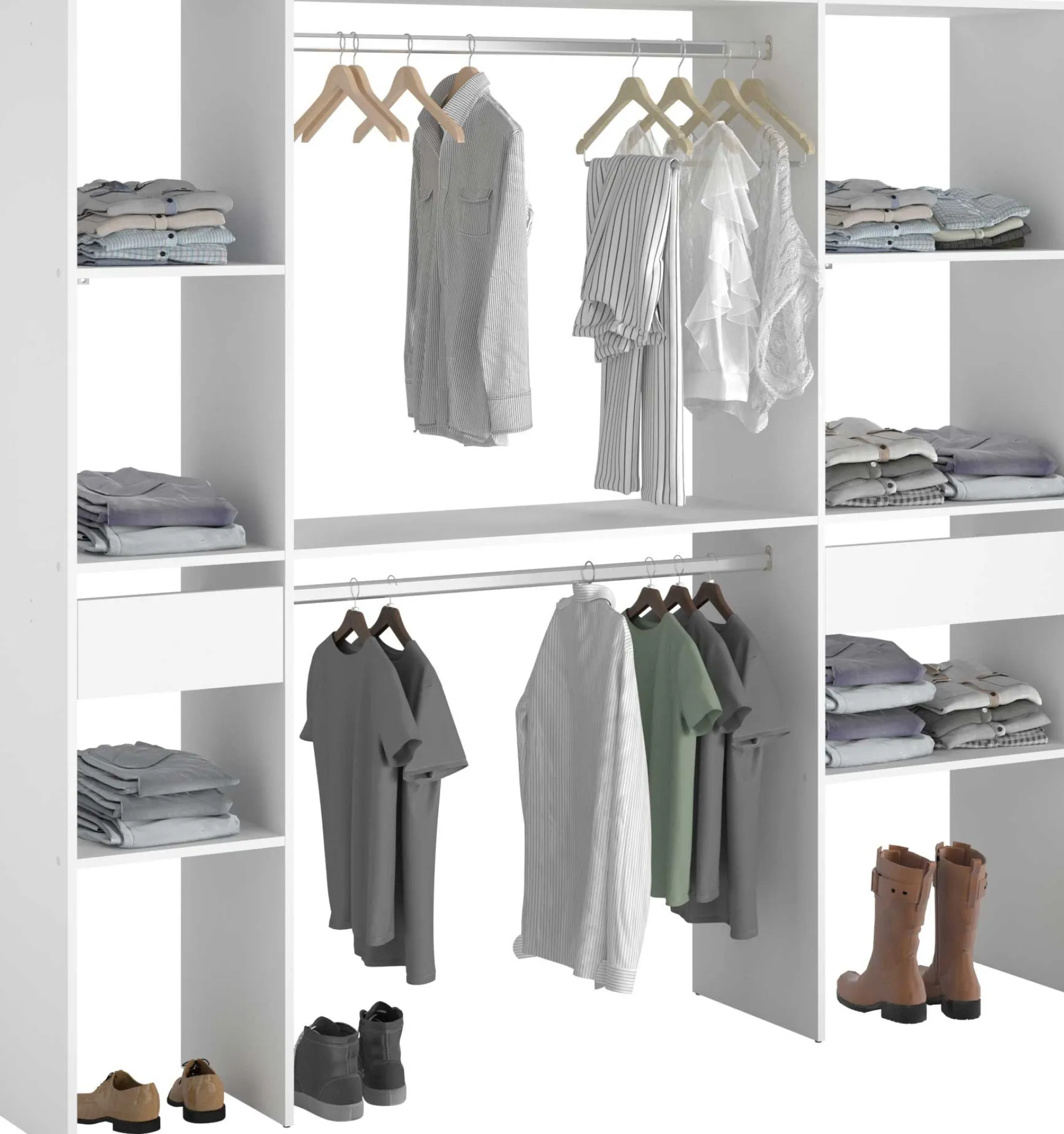 Kleiderschrank Botan 198cm, 6 Einlegeböden, 2 Kleiderstangen und 2 Schubladen - weiß