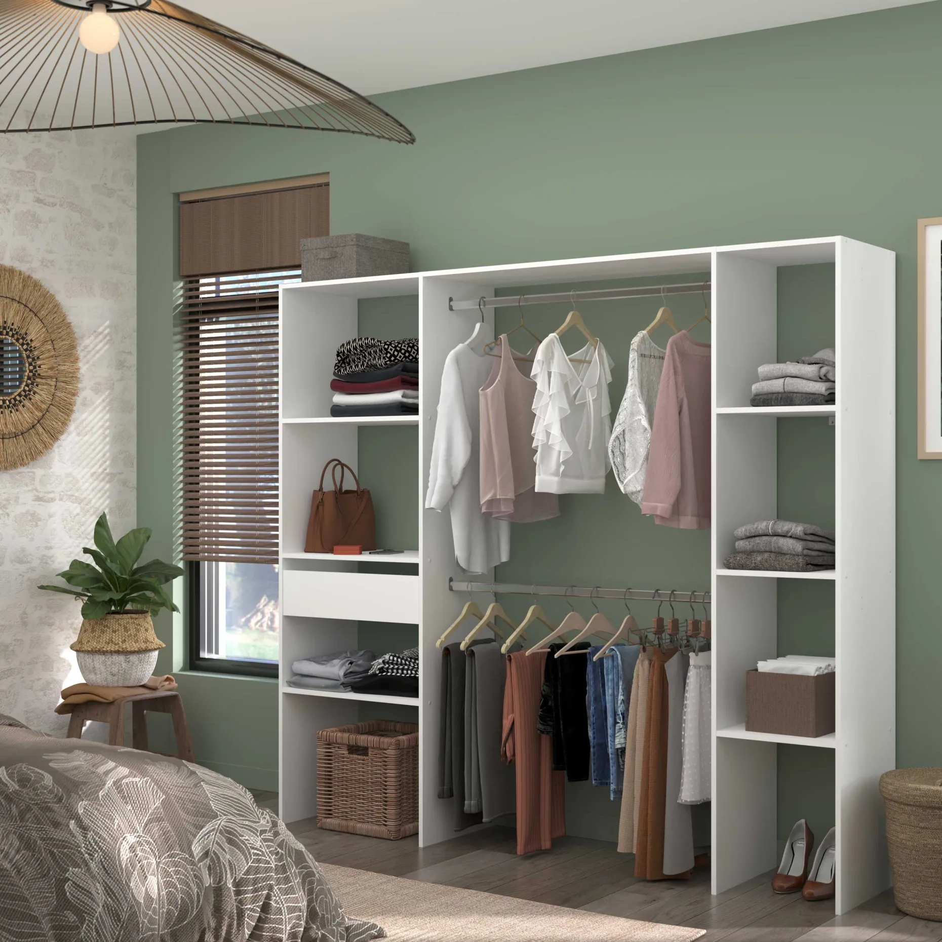 Kleiderschrank Botan 198cm, 6 Einlegeböden, 2 Kleiderstangen und 1 Schublade - weiß