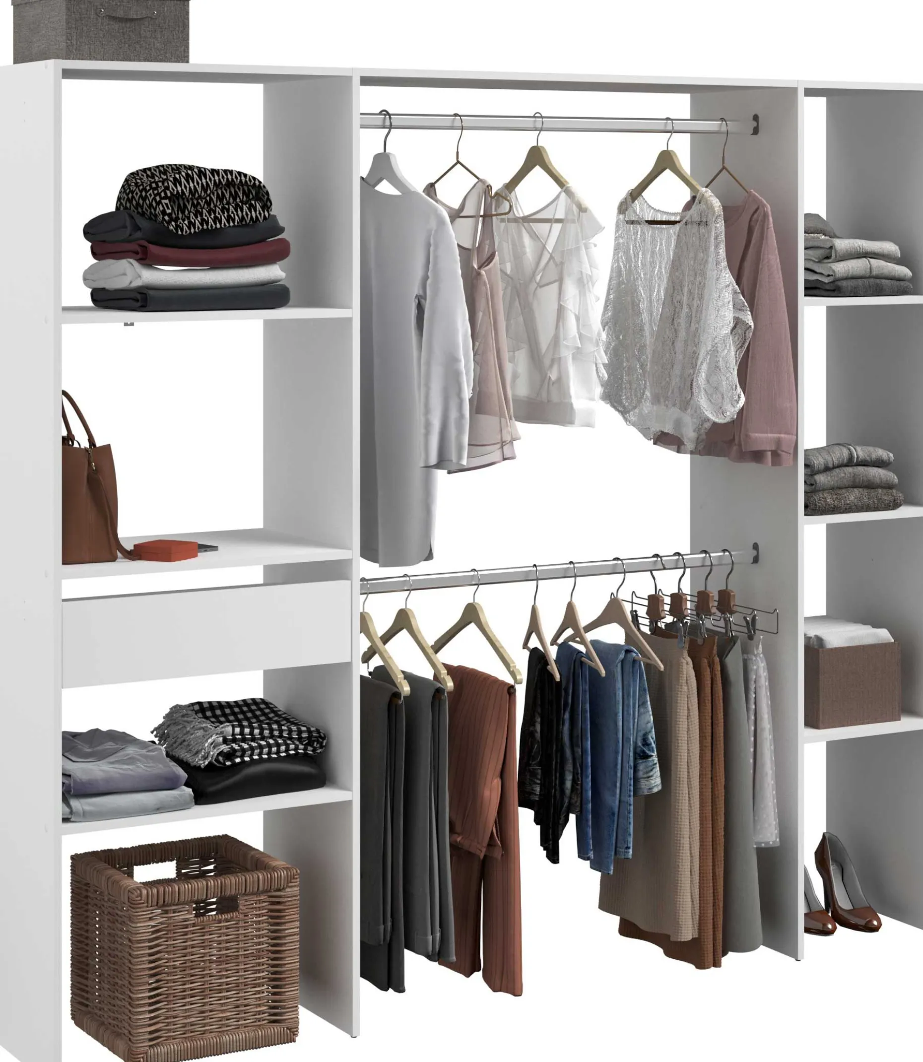 Kleiderschrank Botan 198cm, 6 Einlegeböden, 2 Kleiderstangen und 1 Schublade - weiß
