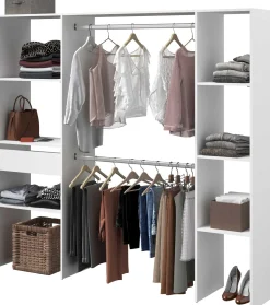 Kleiderschrank Botan 198cm, 6 Einlegeböden, 2 Kleiderstangen und 1 Schublade - weiß
